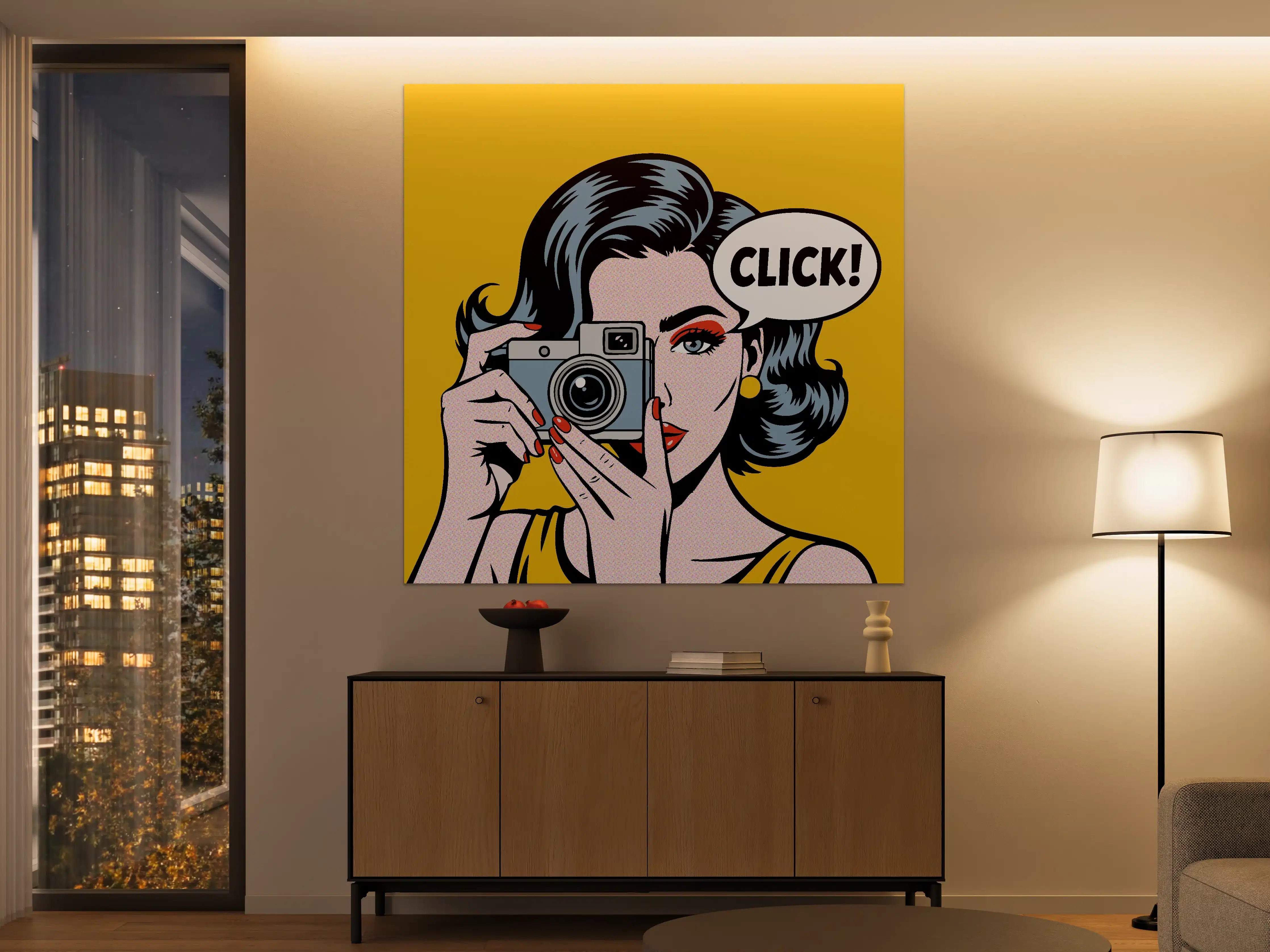 Große Wandbilder - Pop-Art Frau mit Kamera in Gelb