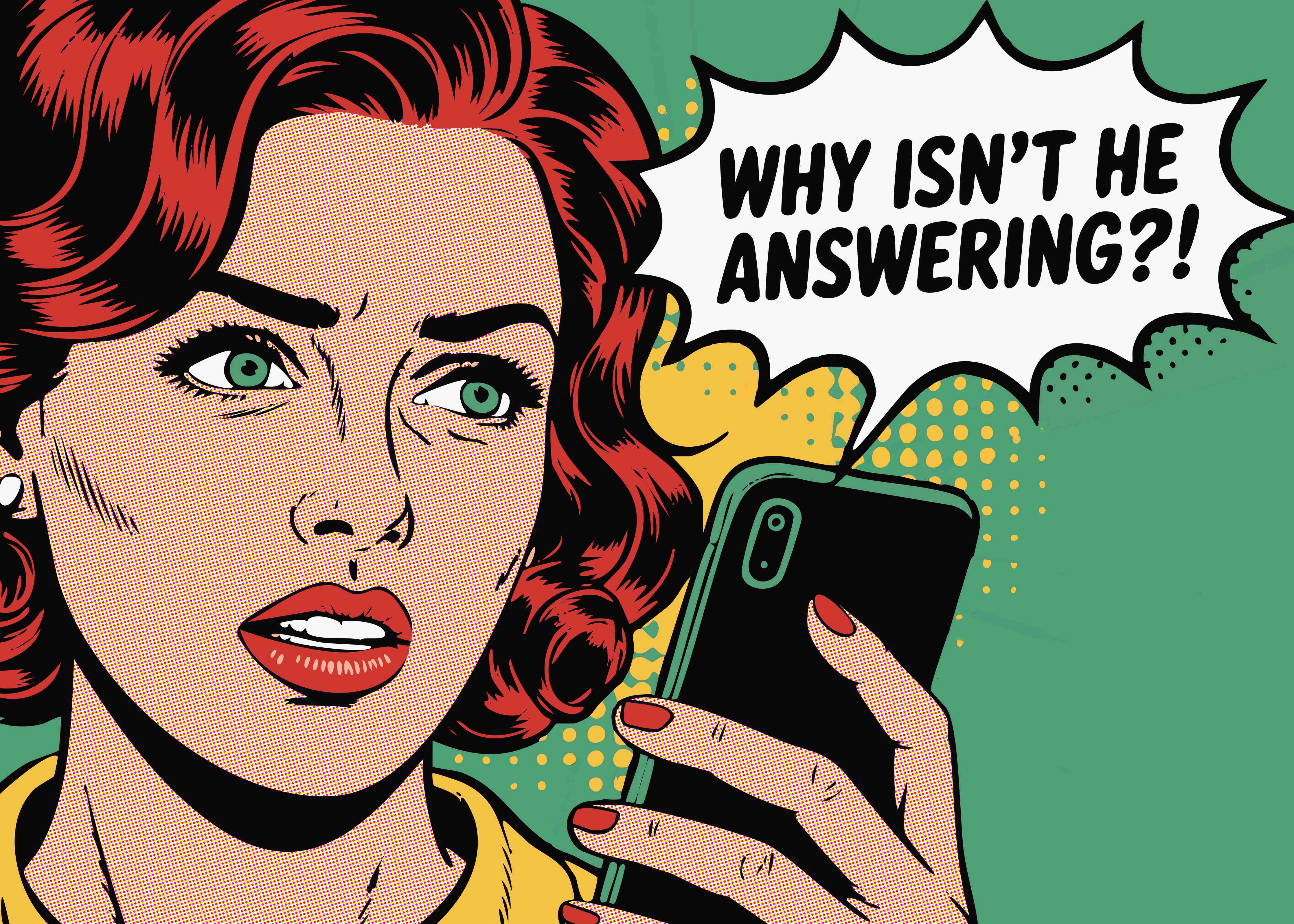 Große Wandbilder-Pop-Art Frau mit Smartphone in Schwarz-Grüner Farbgestaltung
