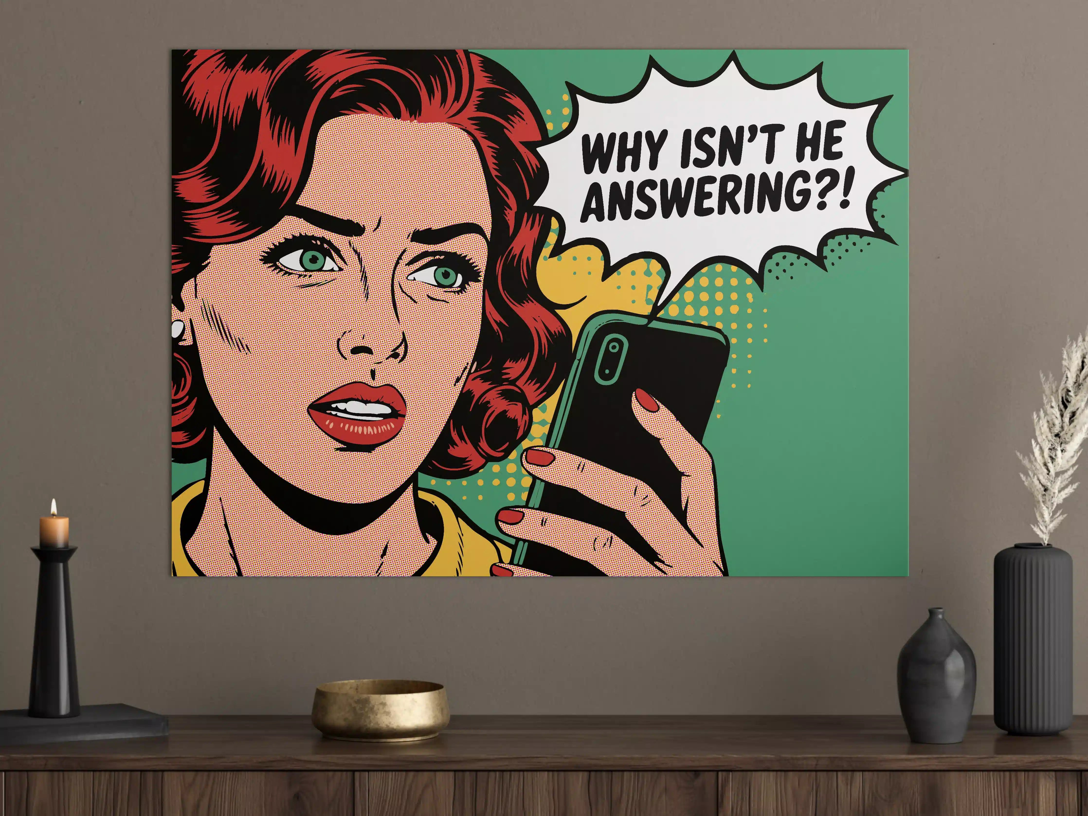 Große Wandbilder - Pop-Art Frau mit Smartphone in Schwarz-Grüner Farbgestaltung