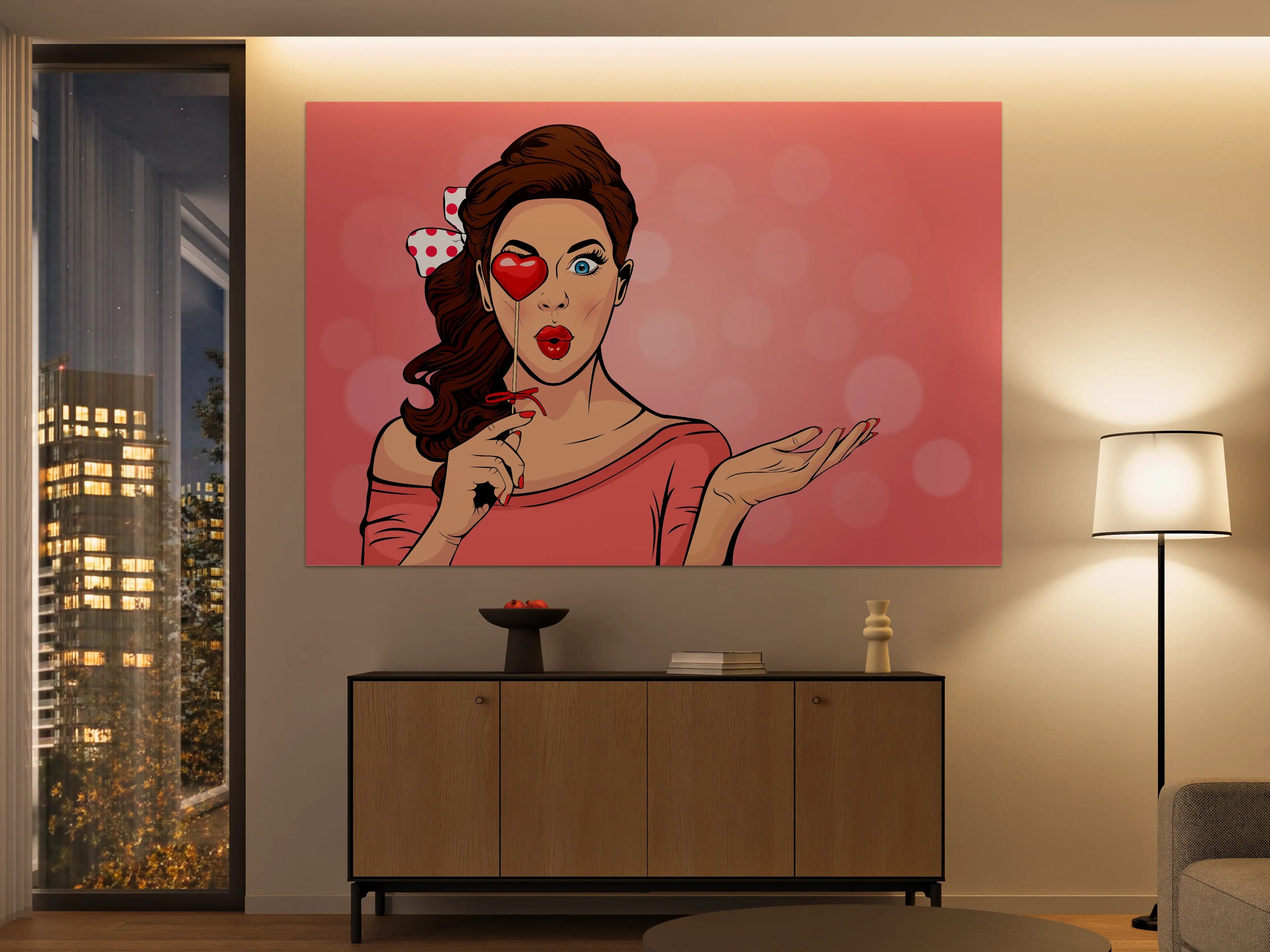 Große Wandbilder - Pop-Art-Lady-mit-Herz-Lolly