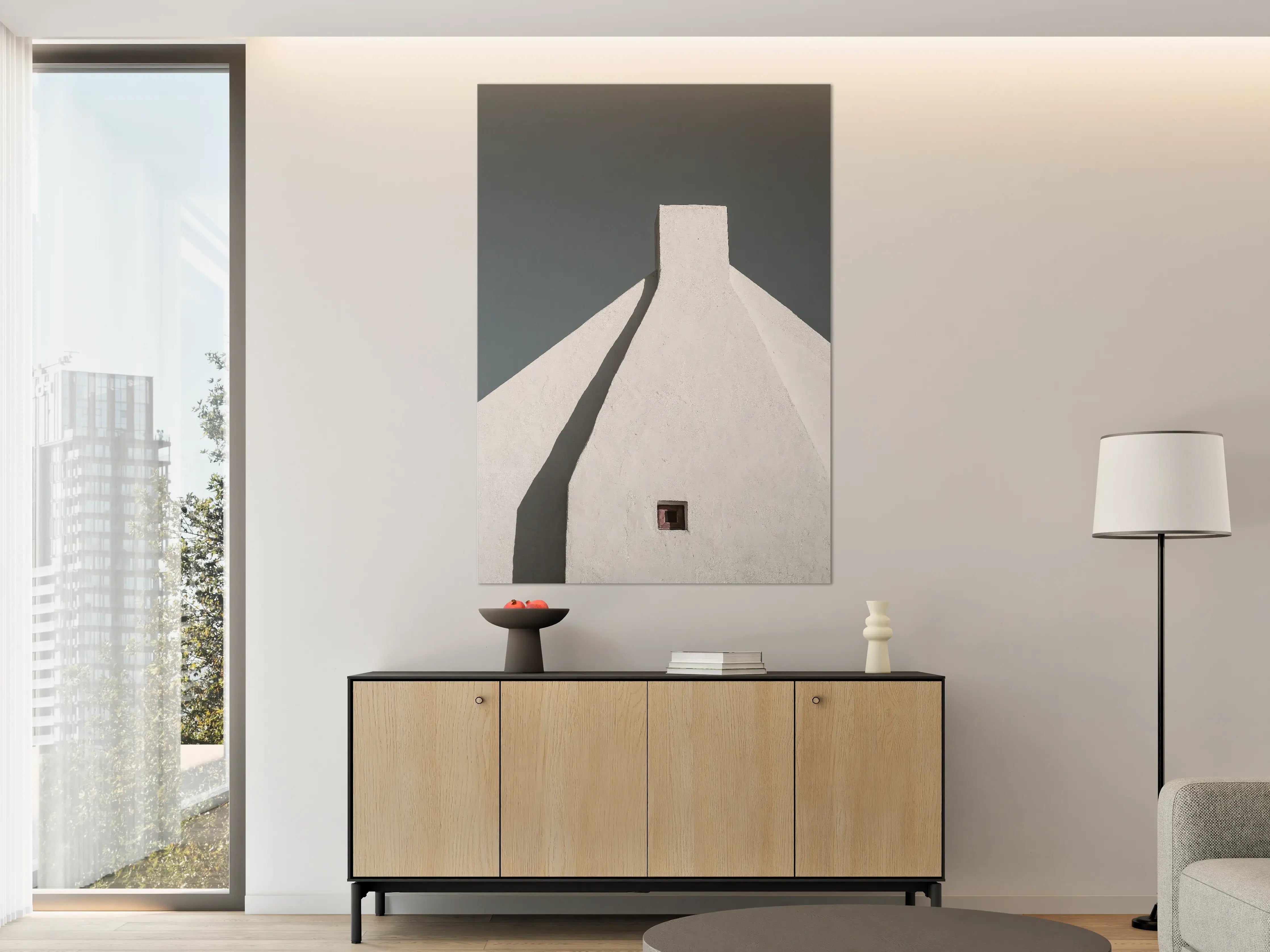 Große Wandbilder - Puristische Architektur in Weiß-Blau