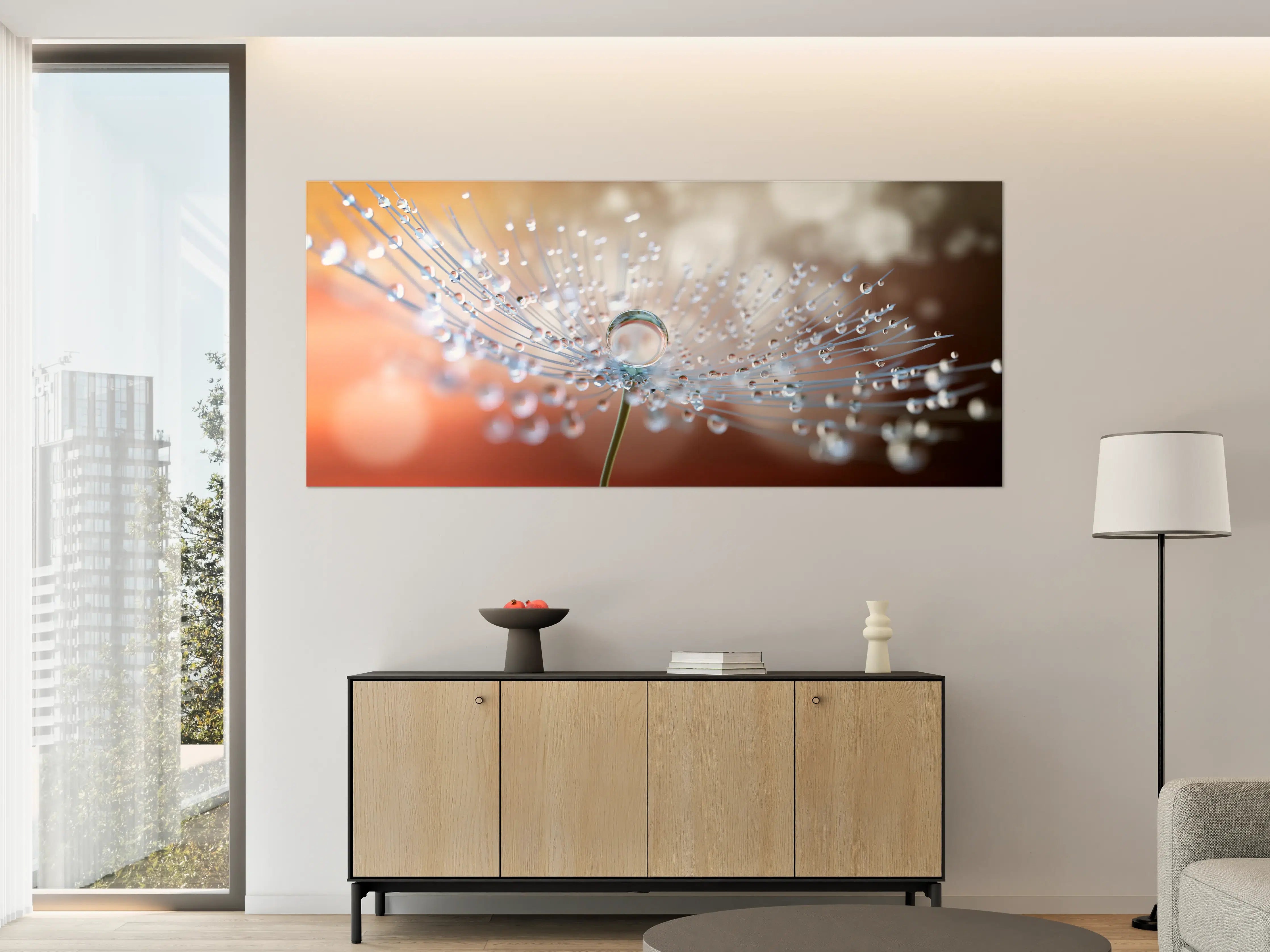 Große Wandbilder - Pusteblume mit Tautropfen bei Abendlicht