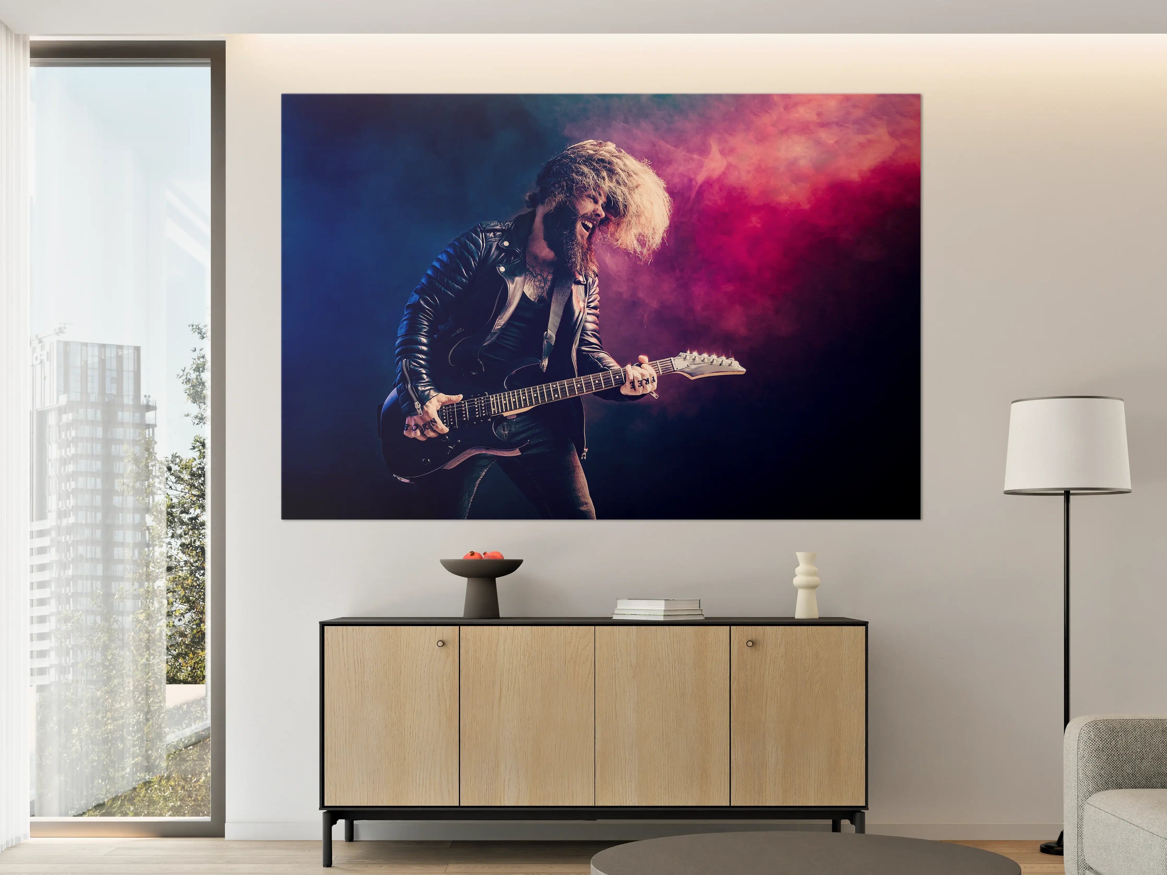 Große Wandbilder - Rockgitarre mit Neonlicht-Atmosphäre