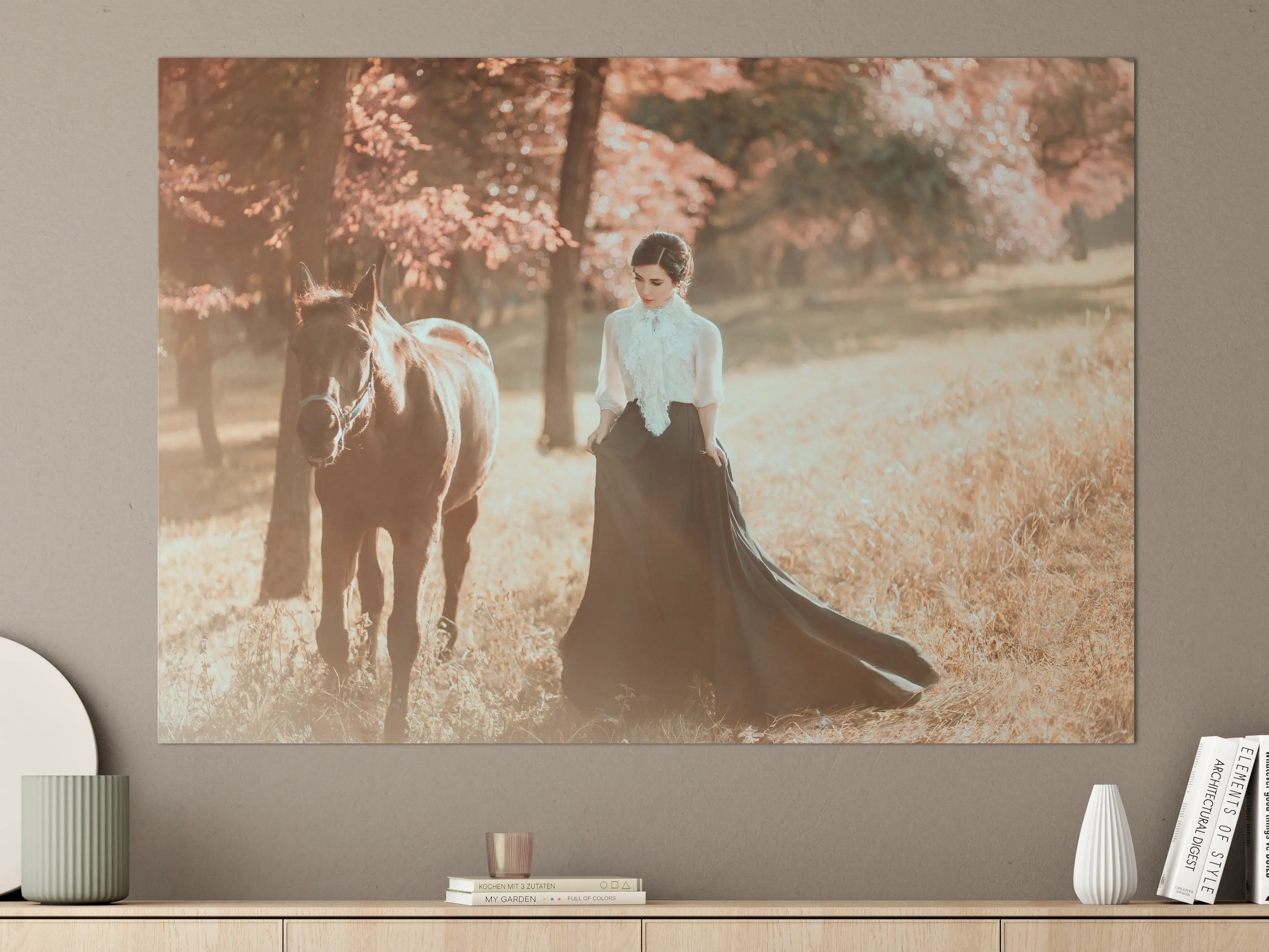 Große Wandbilder - Romantische Frau mit Pferd in herbstlicher Landschaft
