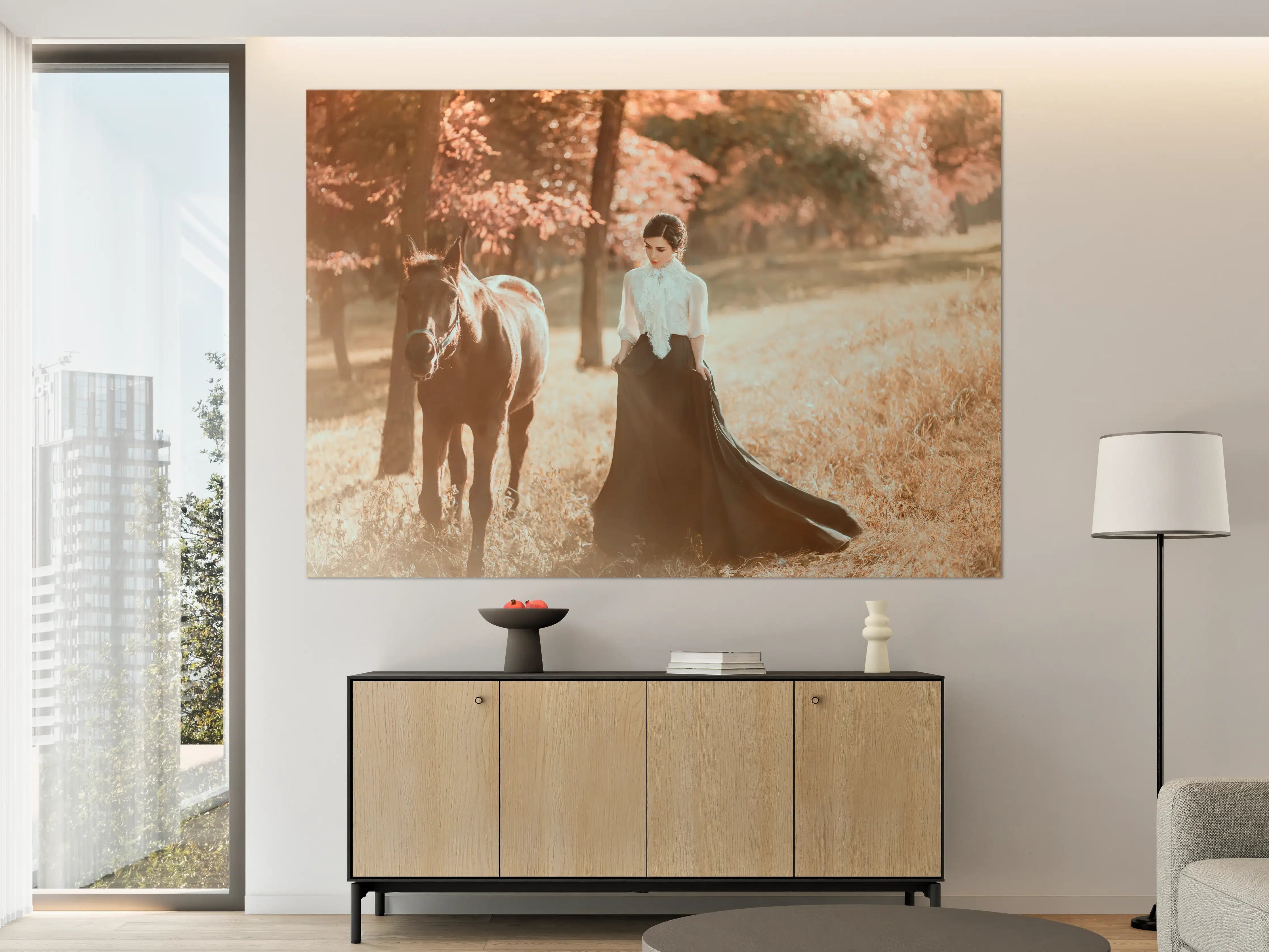 Große Wandbilder - Romantische Frau mit Pferd in herbstlicher Landschaft