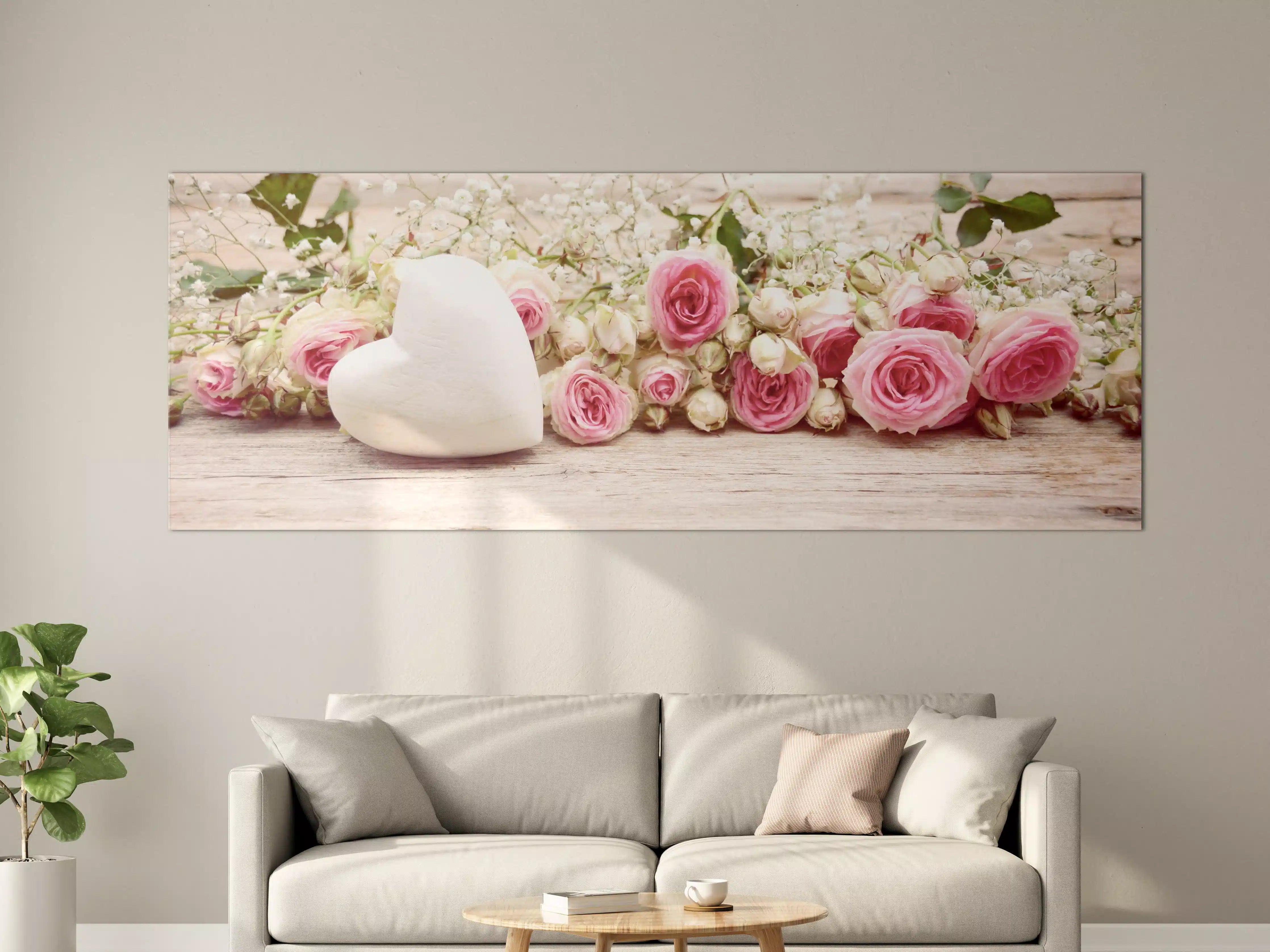 Große Wandbilder - Romantische Rosenzwiebel mit Herzdeko
