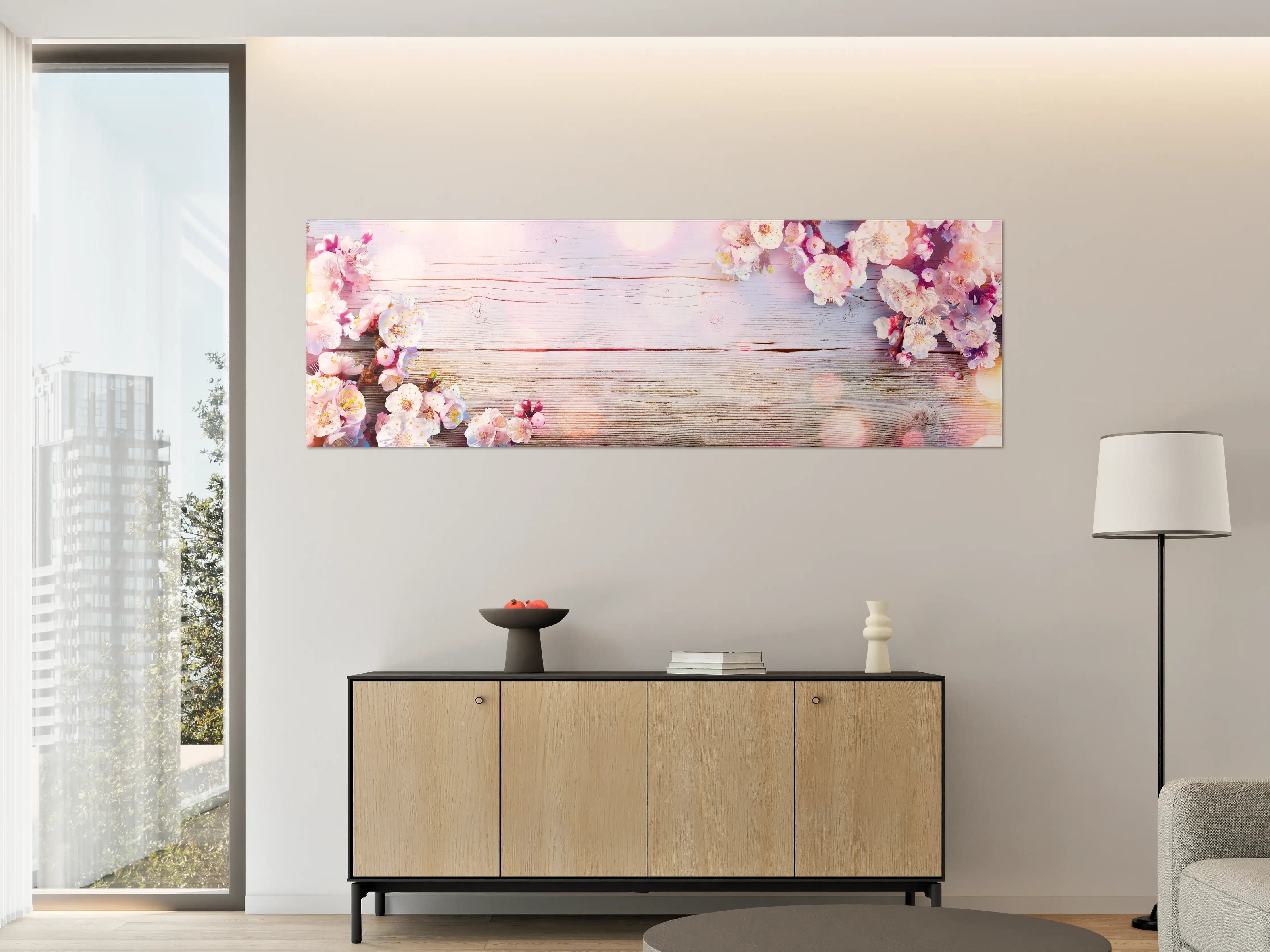 Große Wandbilder - Rosa Blüten auf Holzplatte