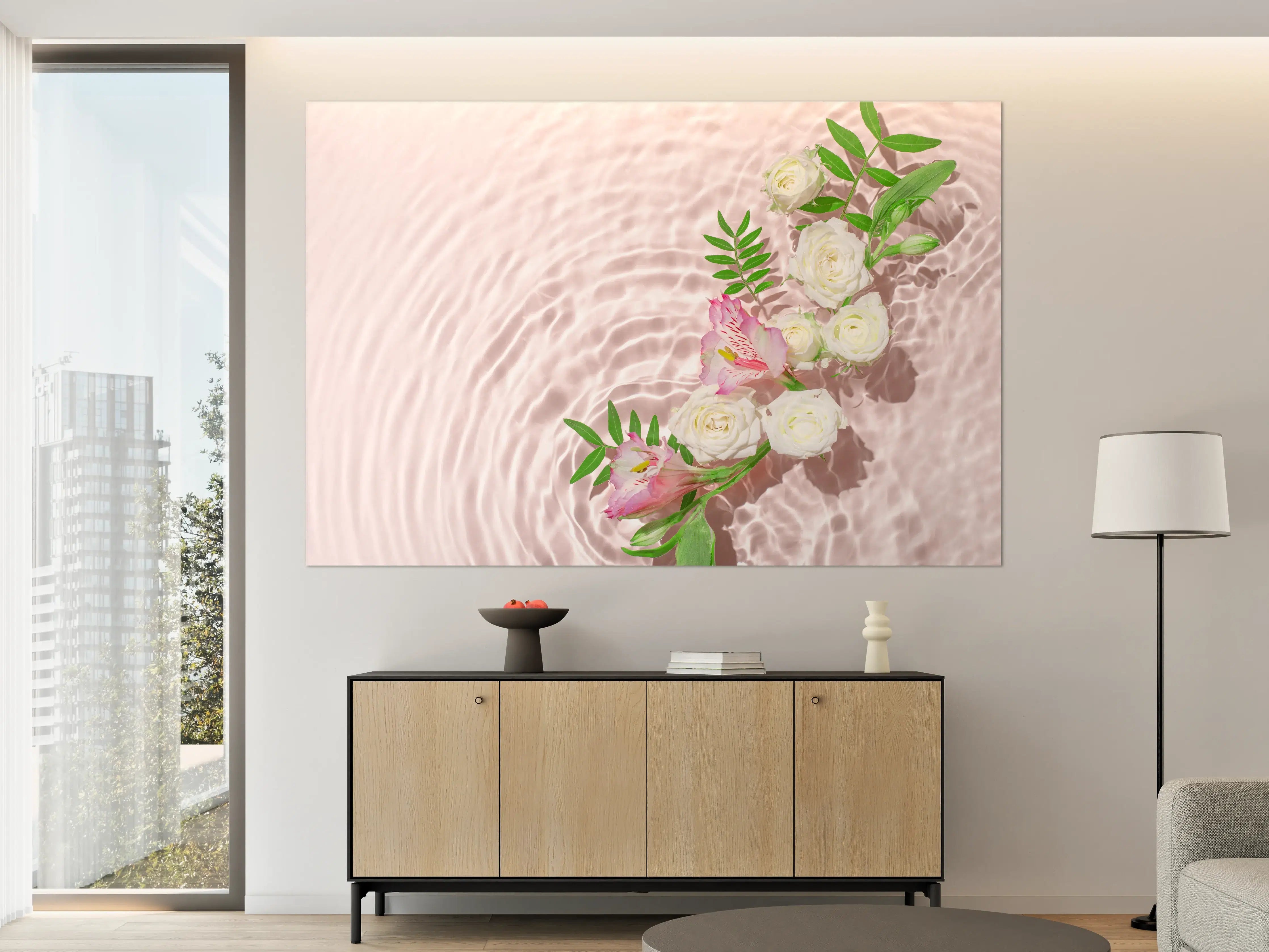 Große Wandbilder - Rosa Blumen auf Wasser