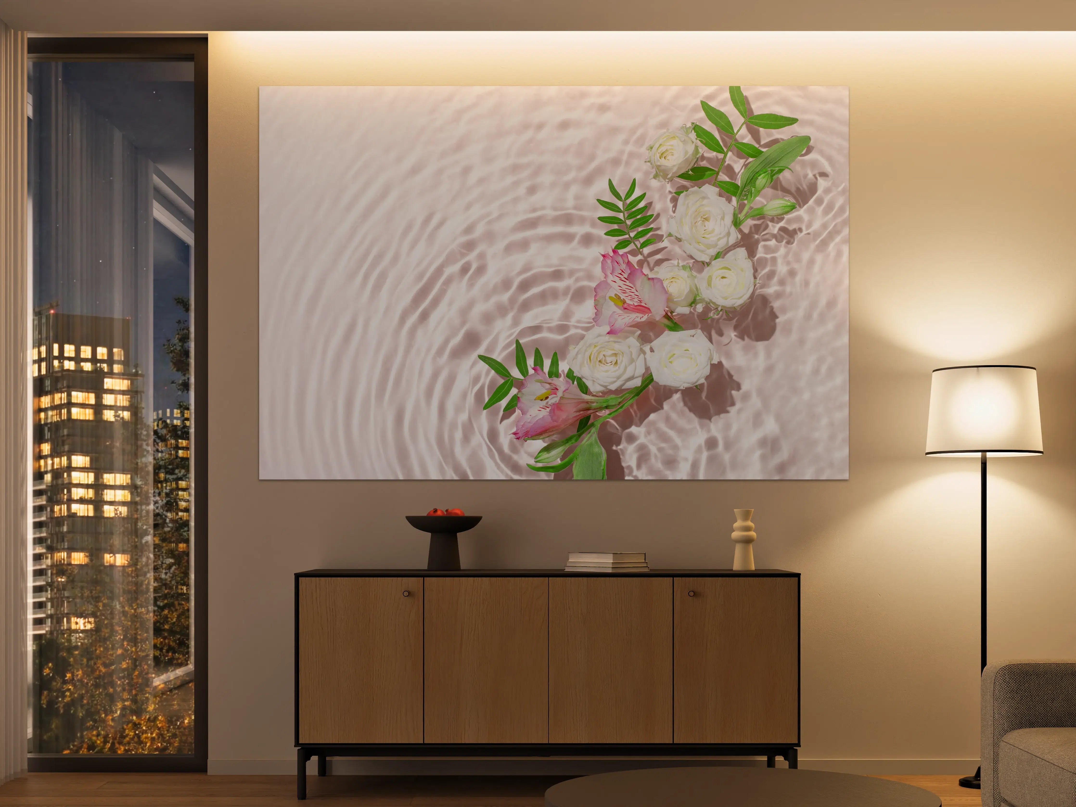 Große Wandbilder - Rosa Blumen auf Wasser