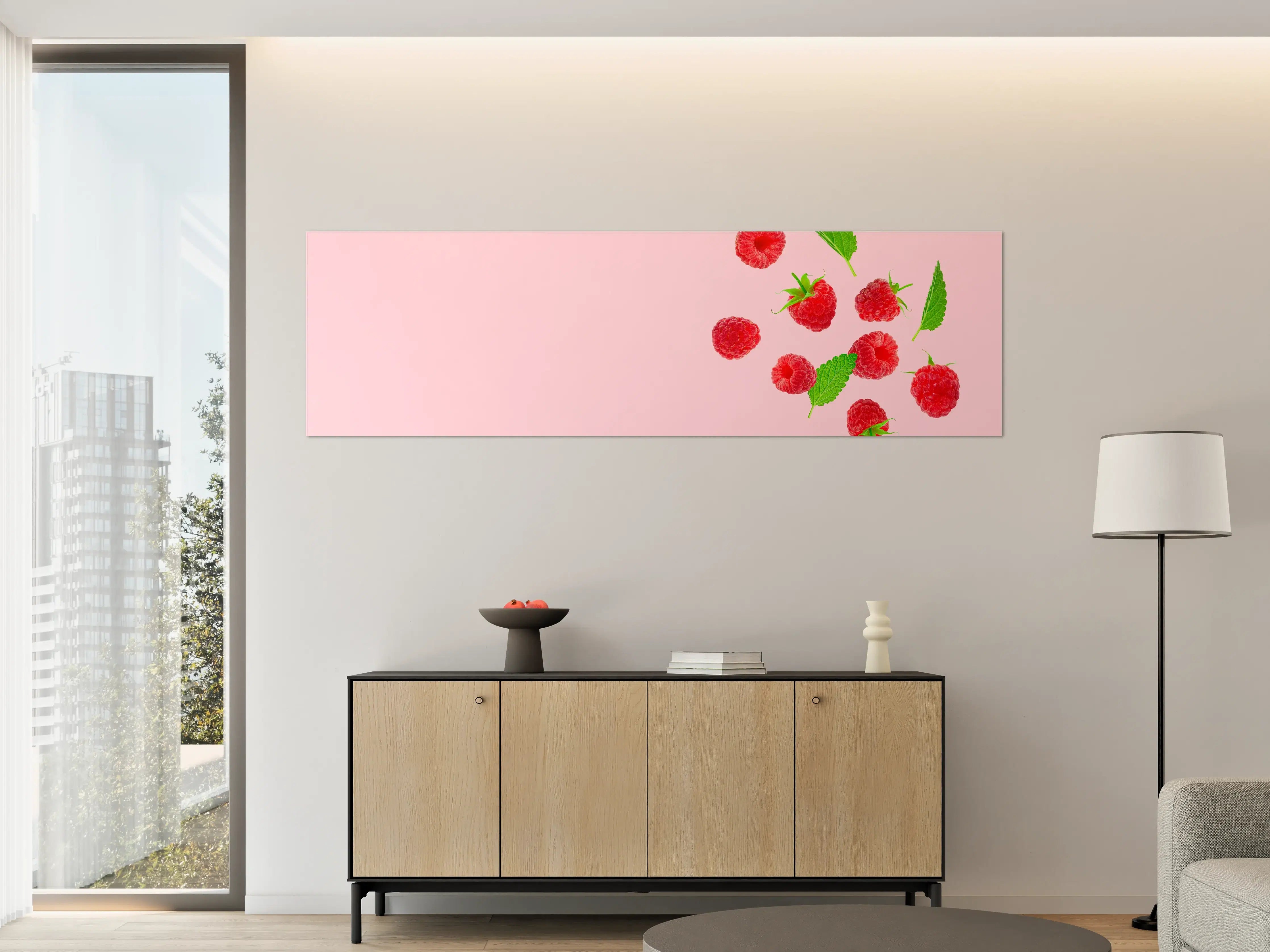 Große Wandbilder - Rosa Himbeeren mit Minze