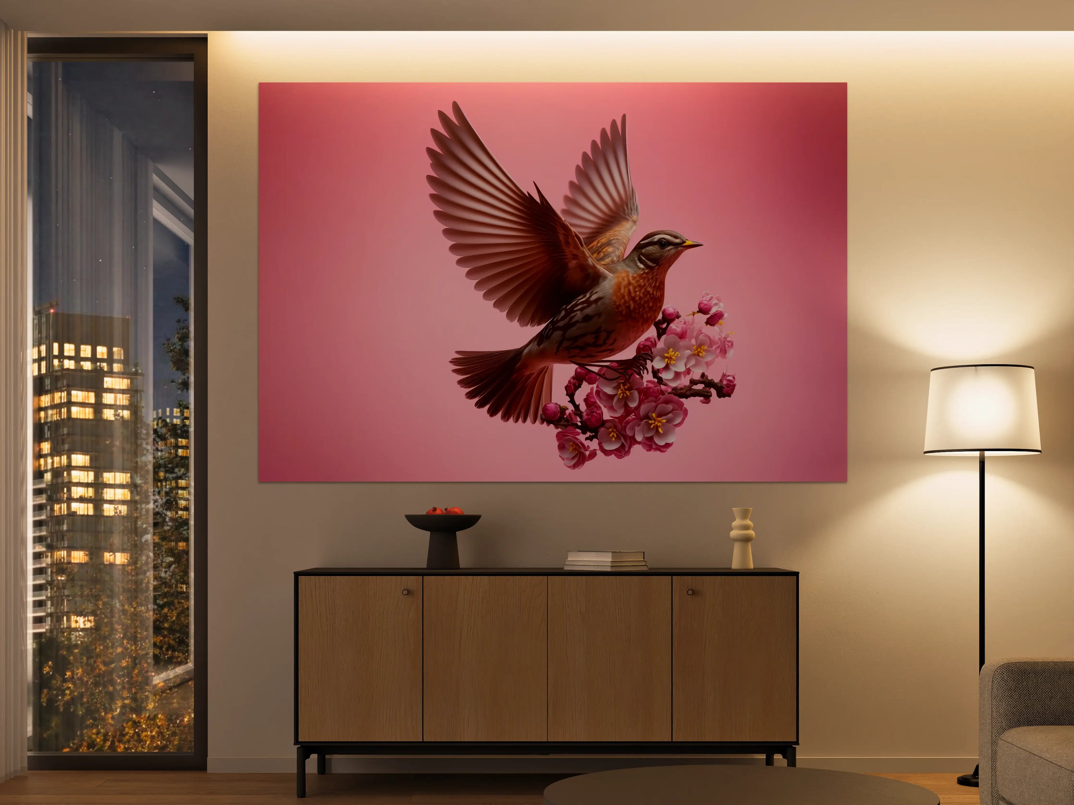 Große Wandbilder - Rosa Kirschblüten Vogelflug