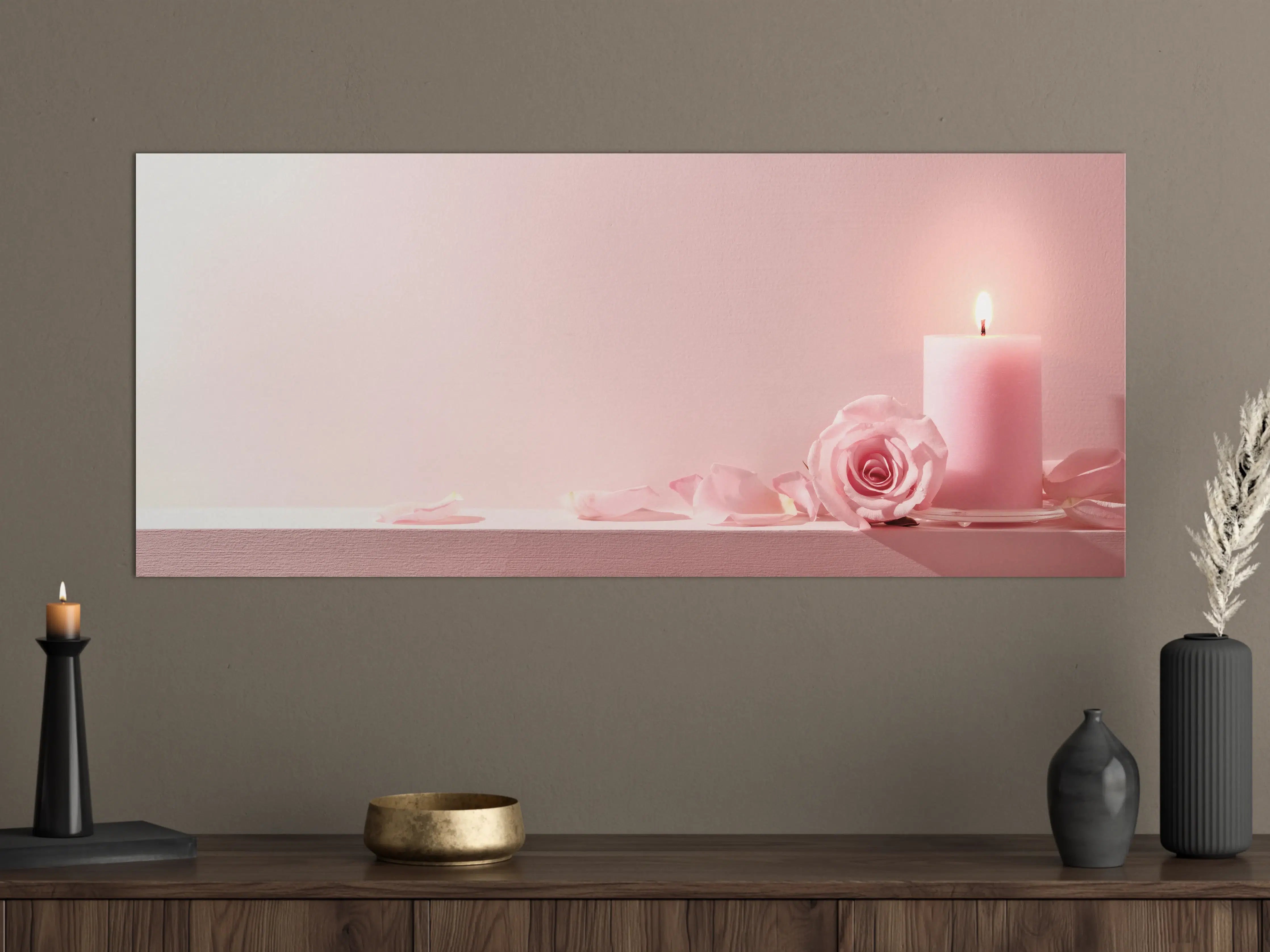 Große Wandbilder - Rosa Rosen und Kerze auf einem rosa Hintergrund