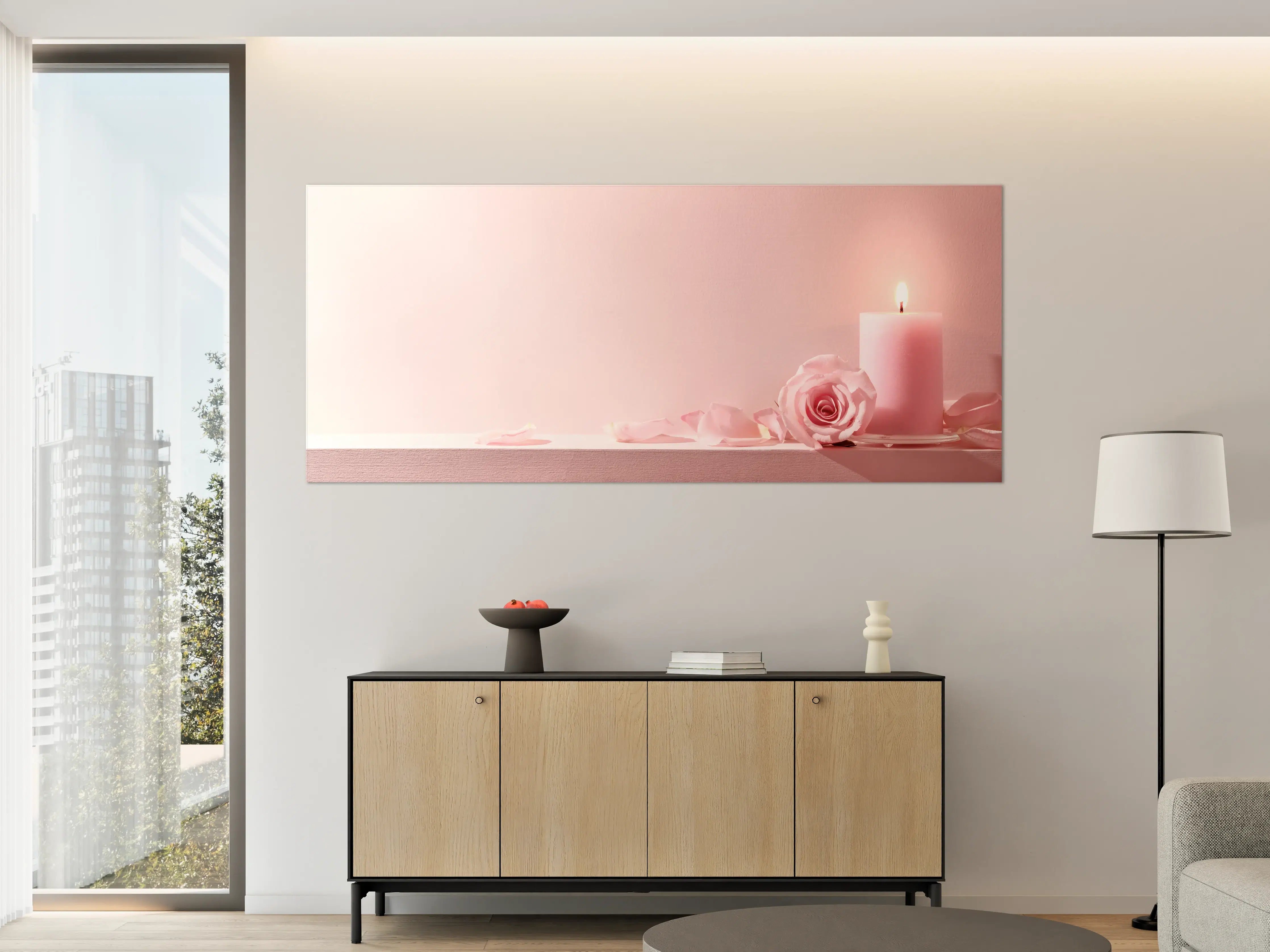 Große Wandbilder - Rosa Rosen und Kerze auf einem rosa Hintergrund