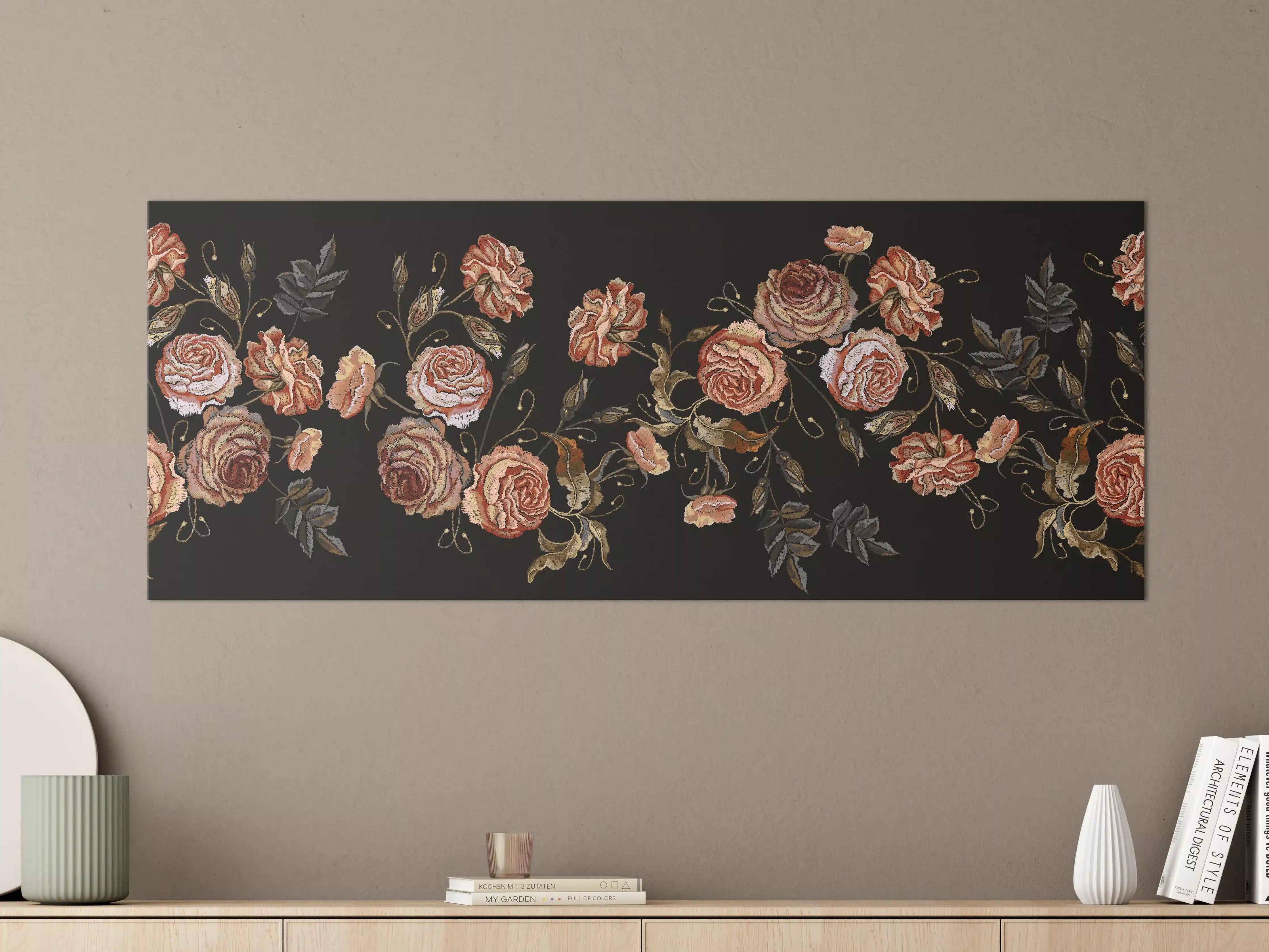 Große Wandbilder - Rosenstickerei Renaissance Schwarz