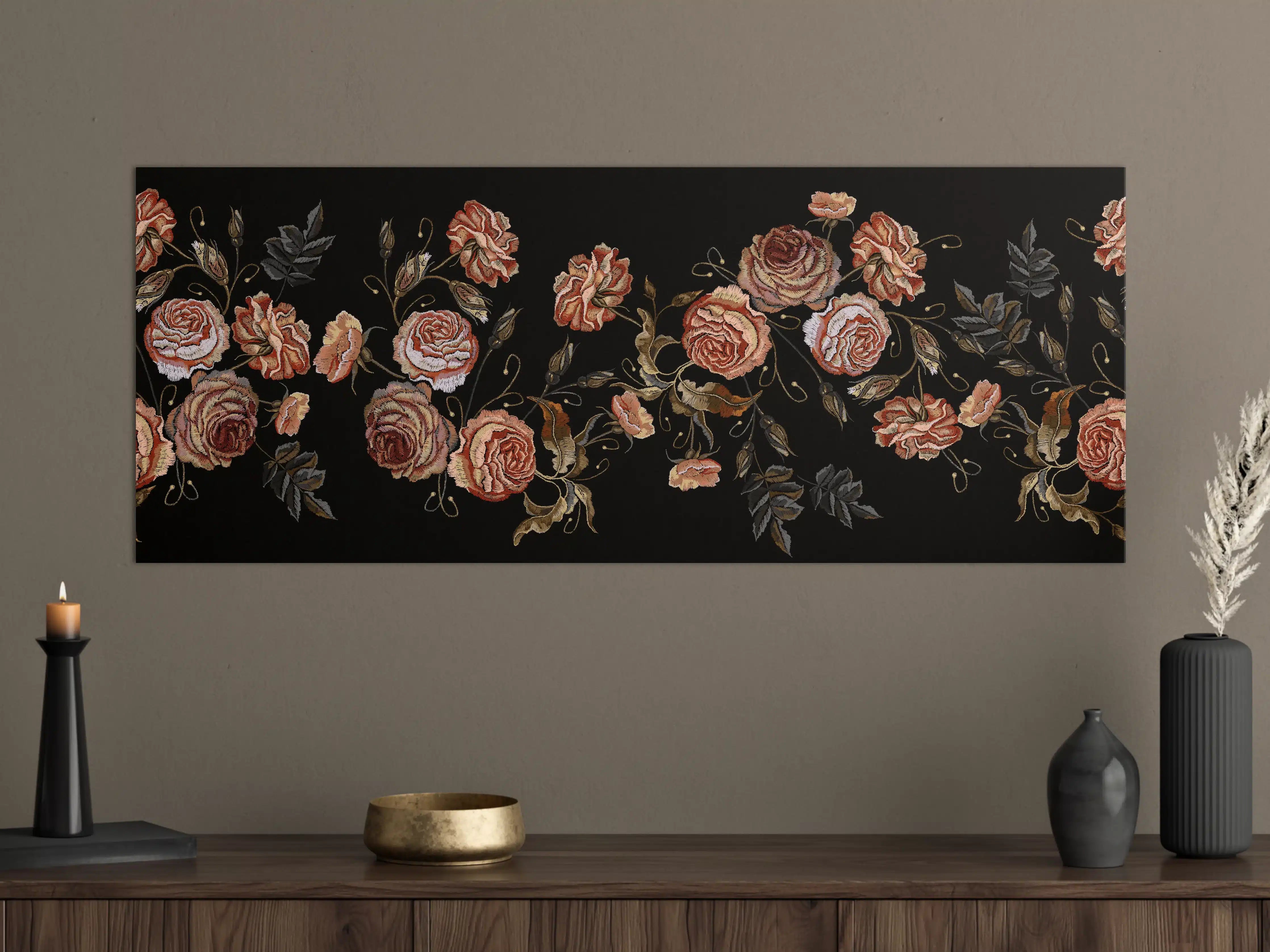 Große Wandbilder - Rosenstickerei Renaissance Schwarz