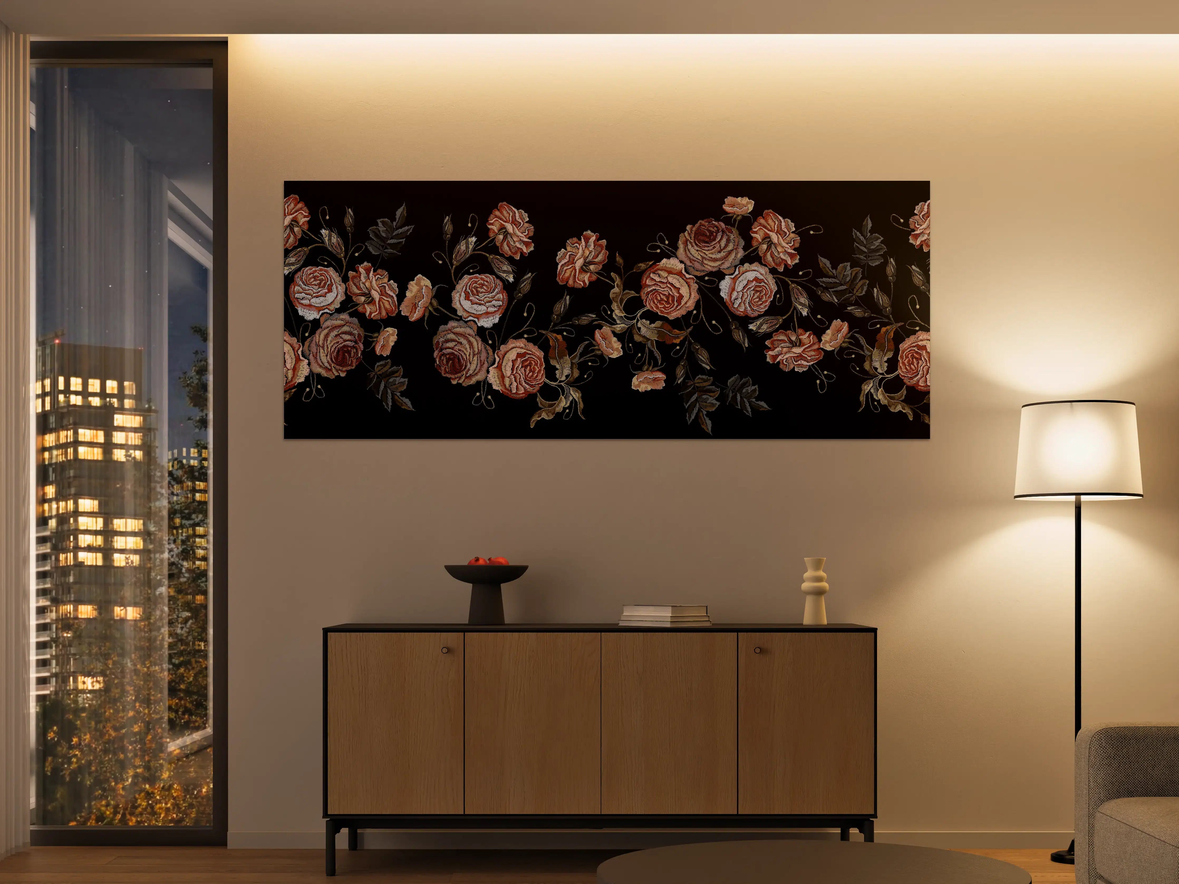 Große Wandbilder - Rosenstickerei Renaissance Schwarz