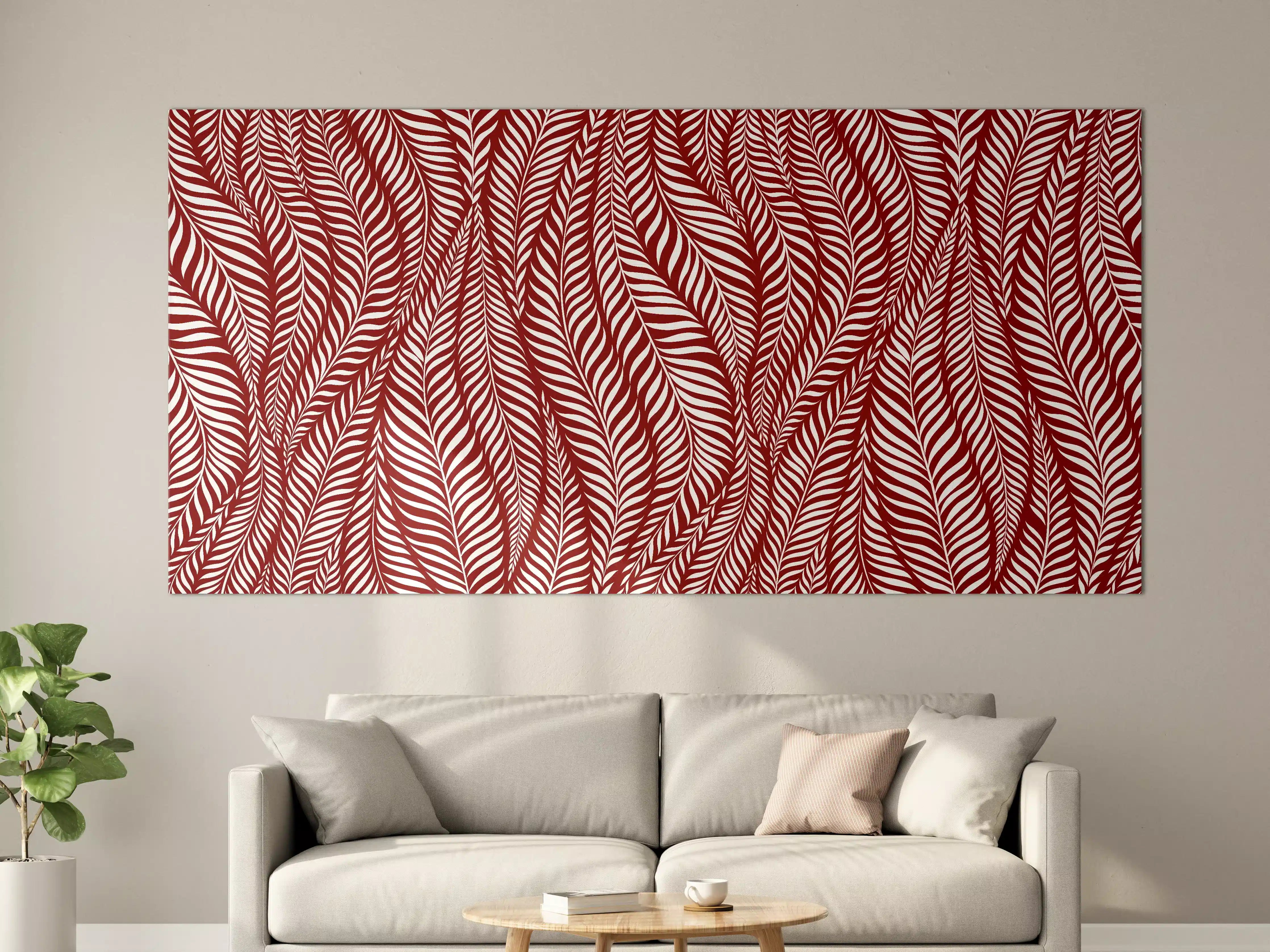 Große Wandbilder - Rot-Weiße Blattmusterwand mit klaren Linien