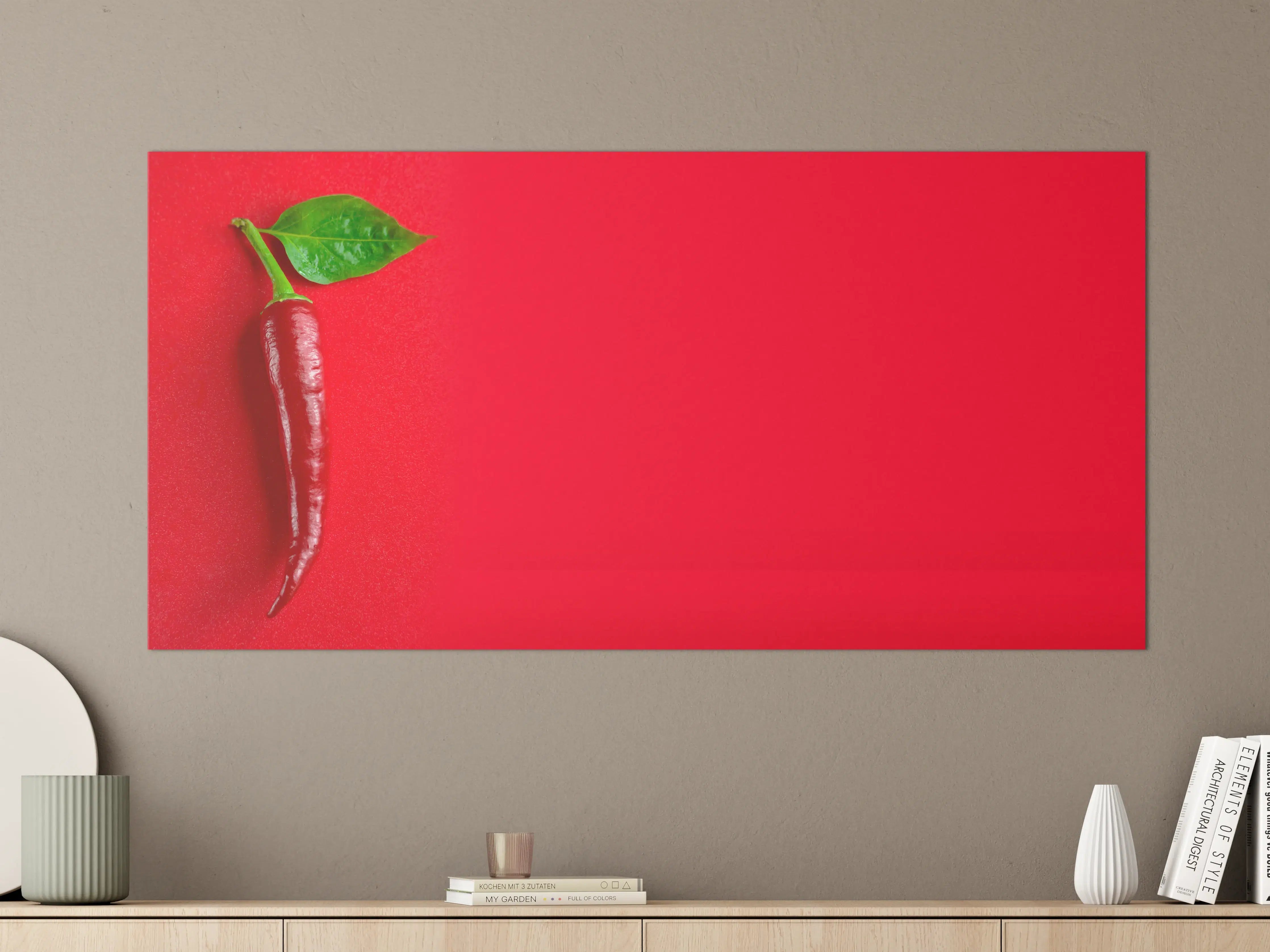 Große Wandbilder - Rote Chili mit grünem Blatt