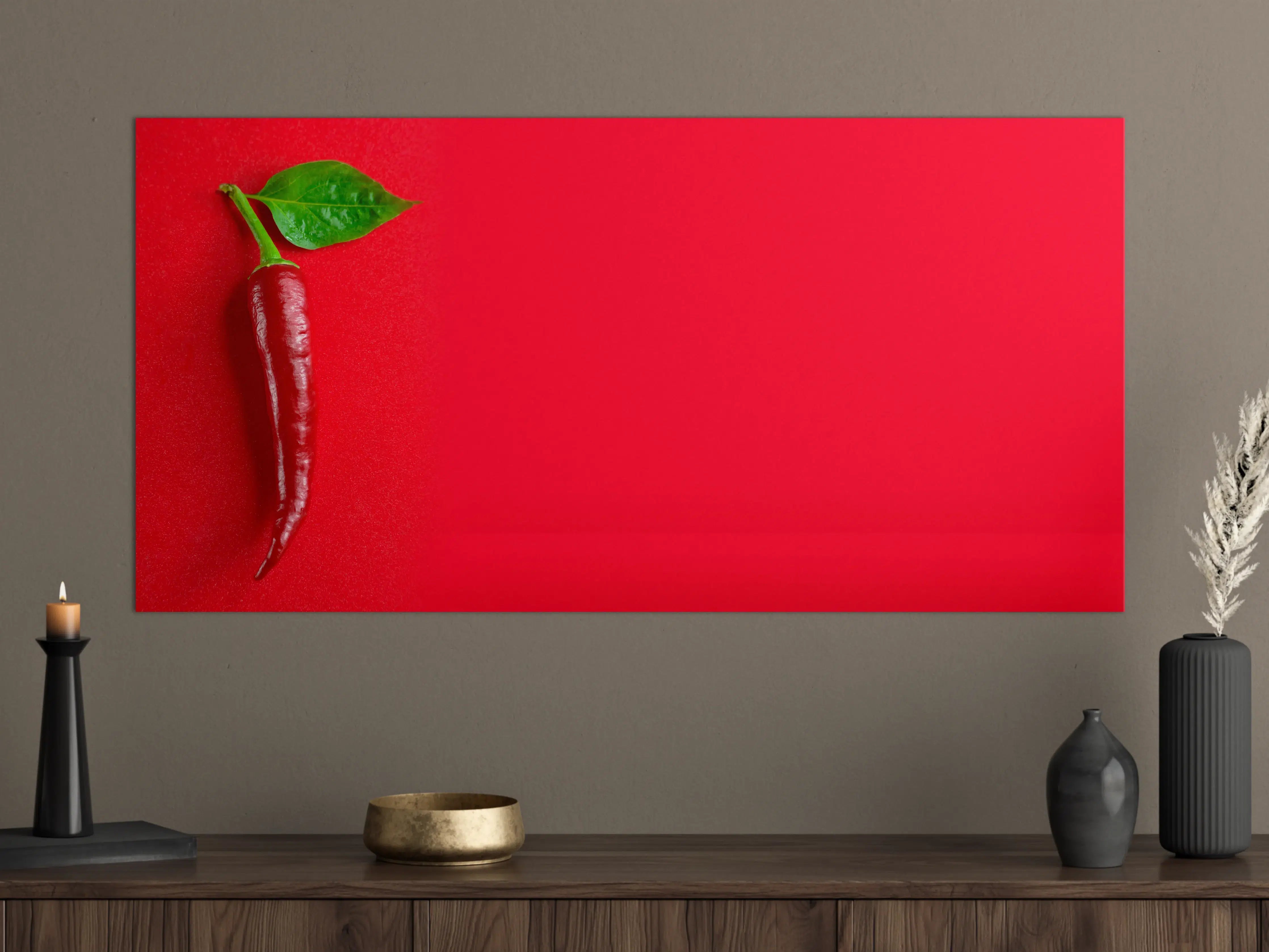 Große Wandbilder - Rote Chili mit grünem Blatt
