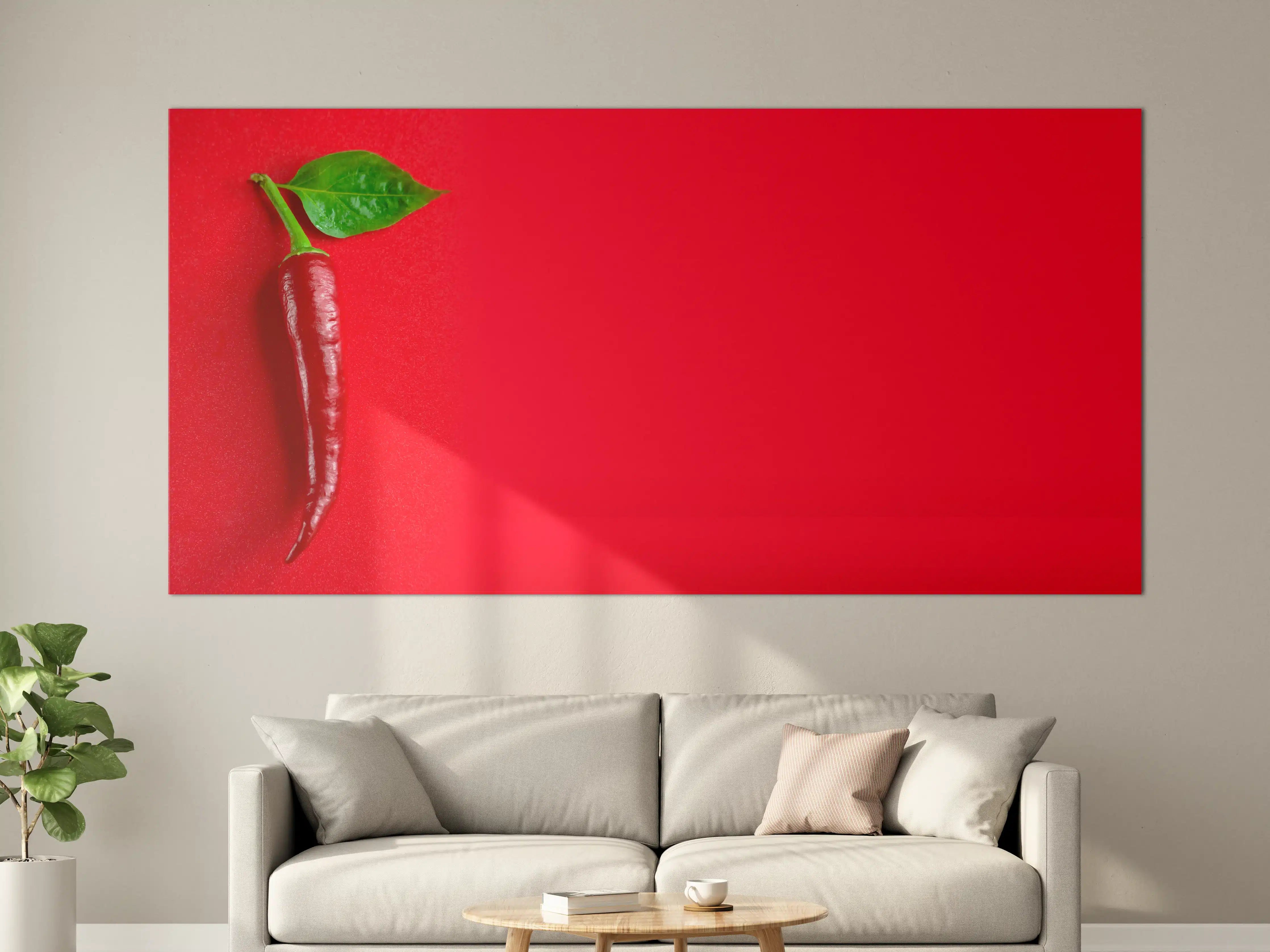 Große Wandbilder - Rote Chili mit grünem Blatt