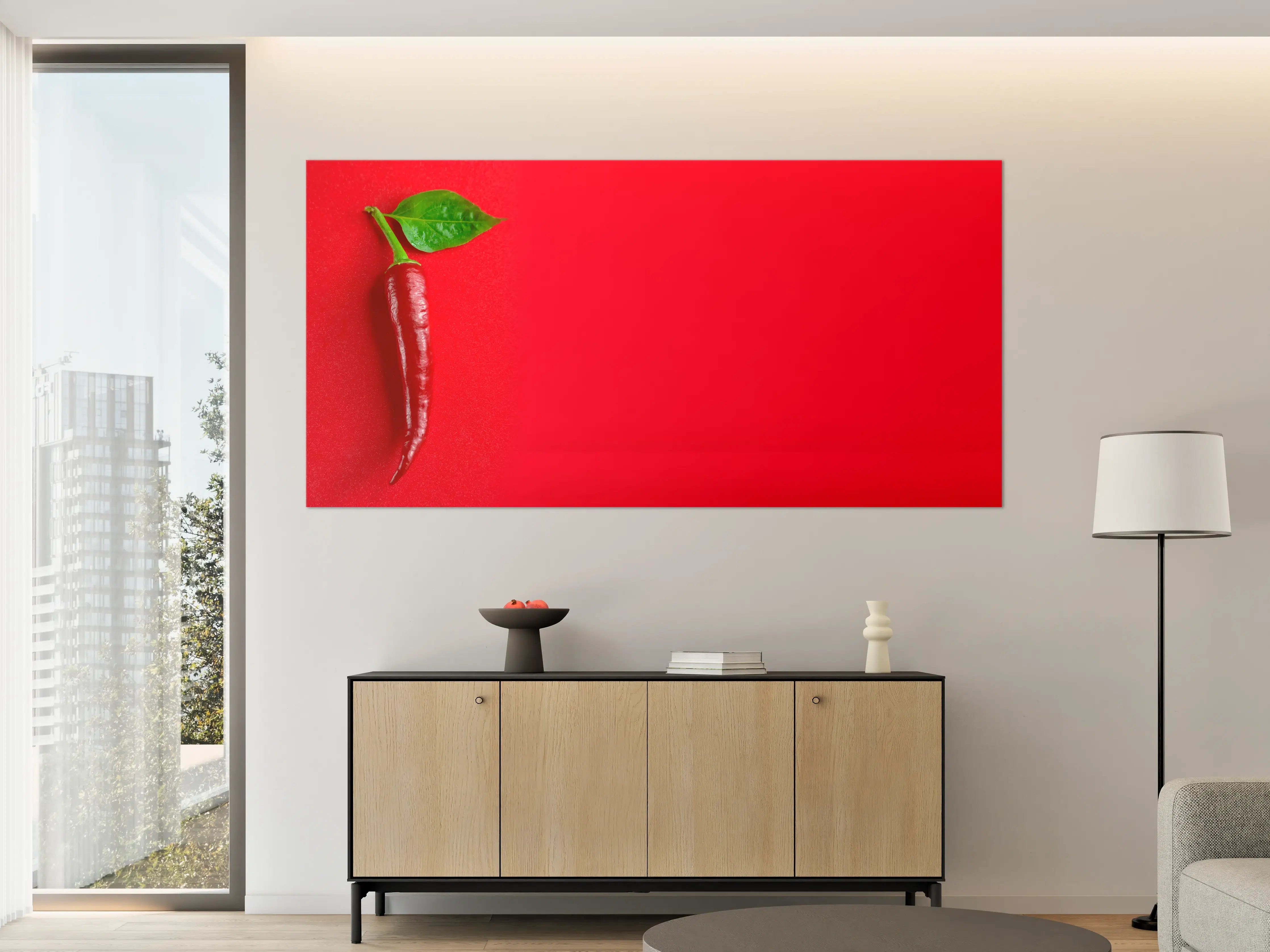 Große Wandbilder - Rote Chili mit grünem Blatt