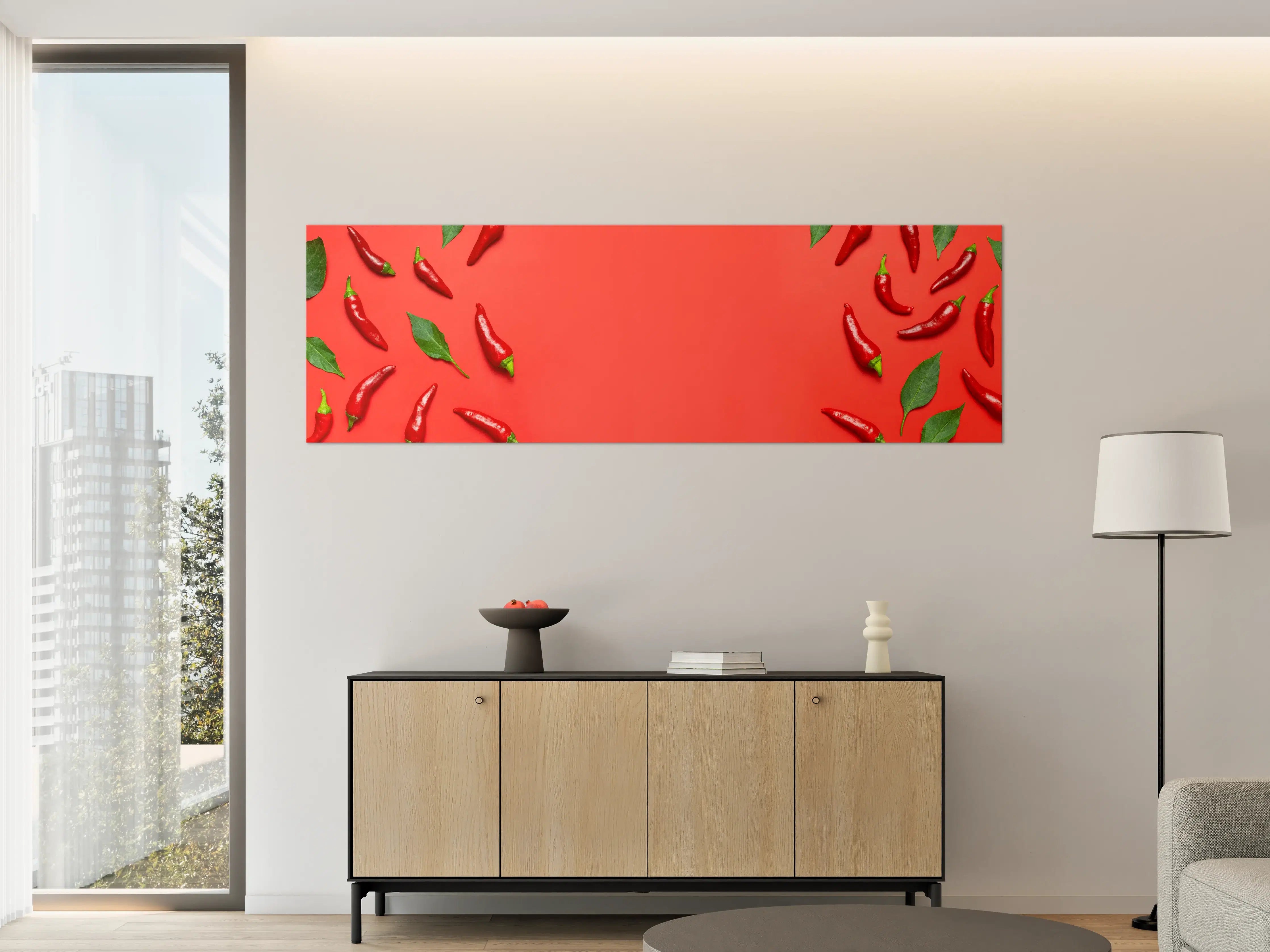 Große Wandbilder - Rote Chili mit grünen Blättern