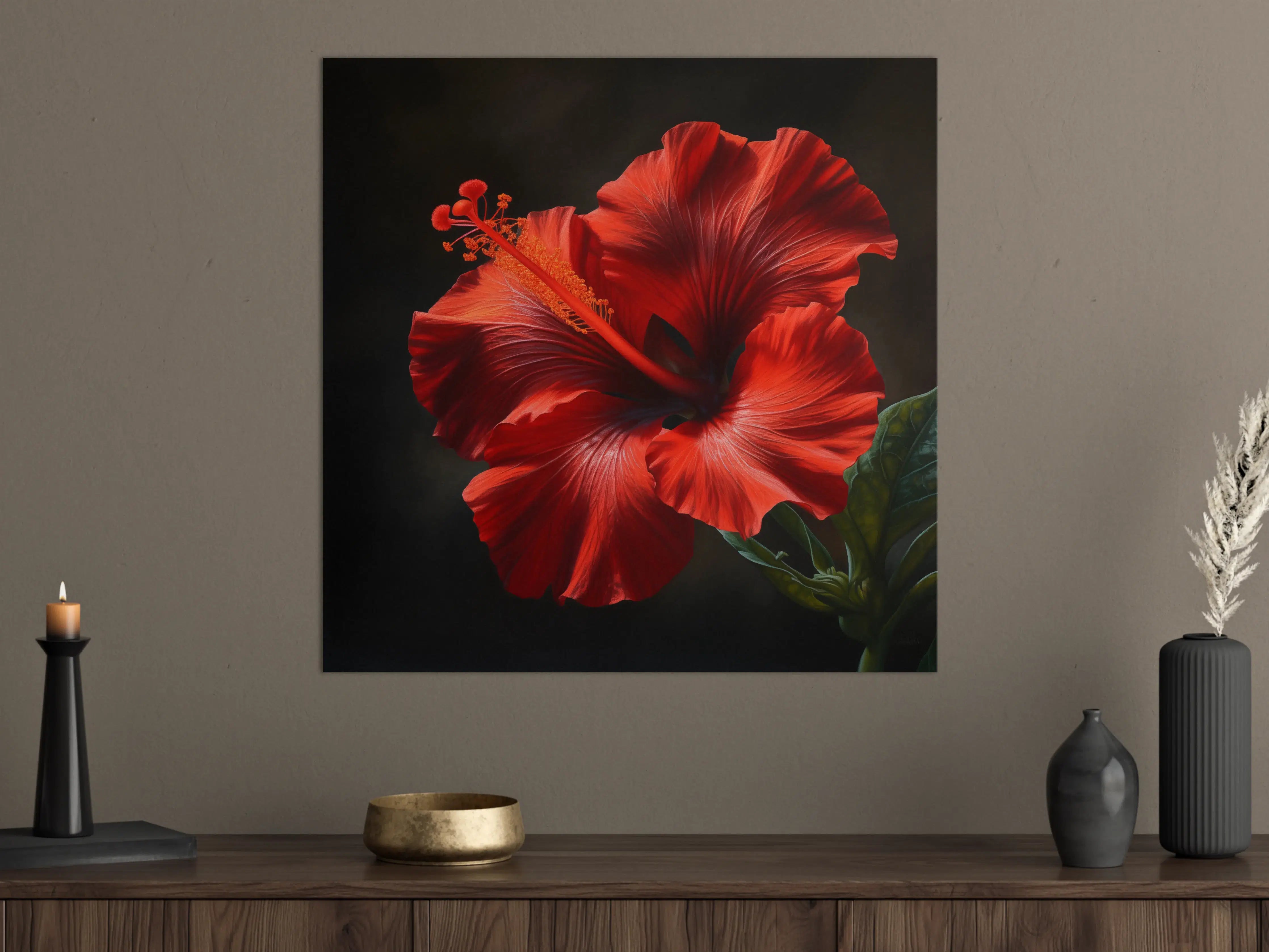 Große Wandbilder - Rote Hibiskusblüte vor dunklem Hintergrund