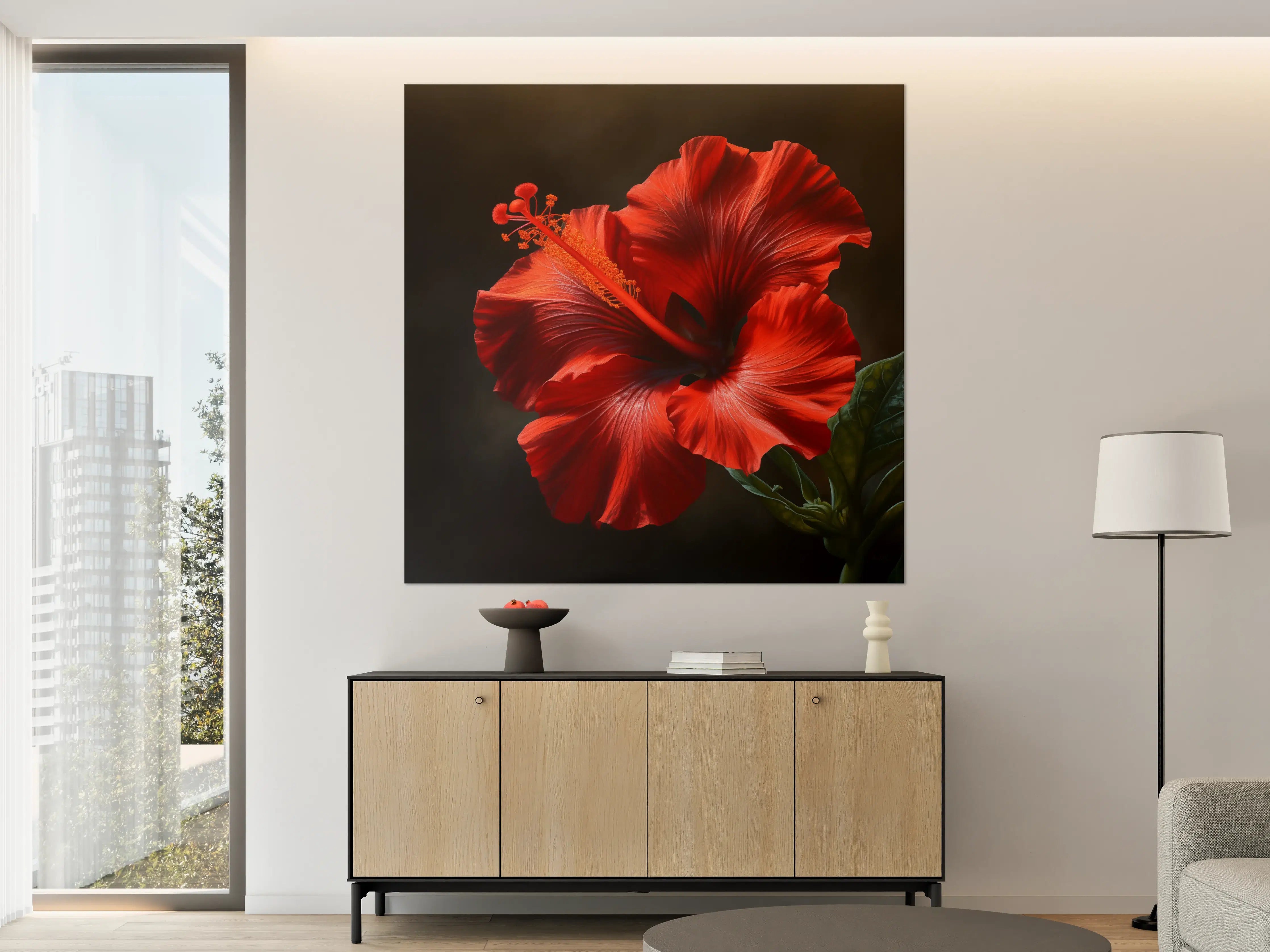Große Wandbilder - Rote Hibiskusblüte vor dunklem Hintergrund