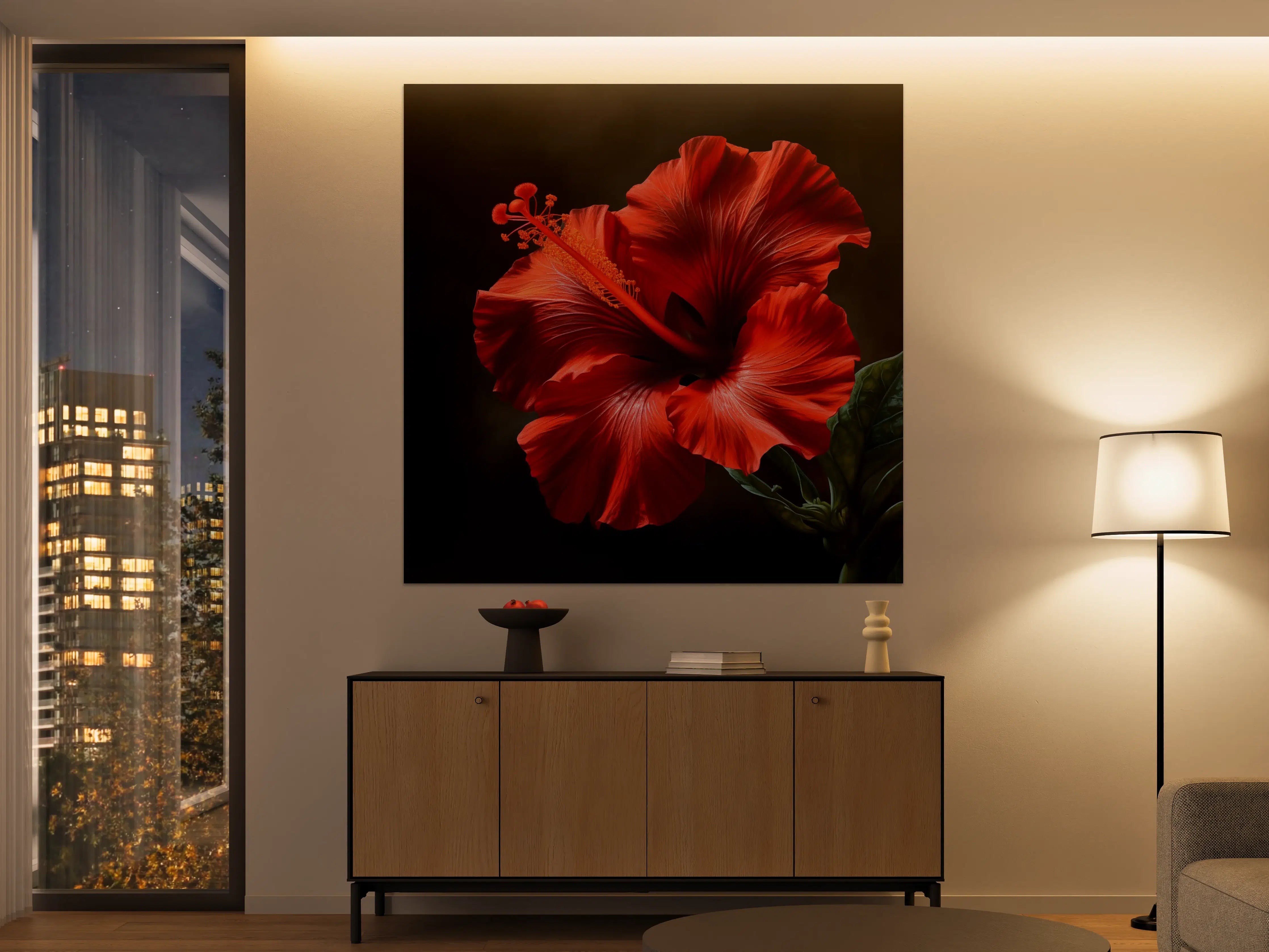 Große Wandbilder - Rote Hibiskusblüte vor dunklem Hintergrund