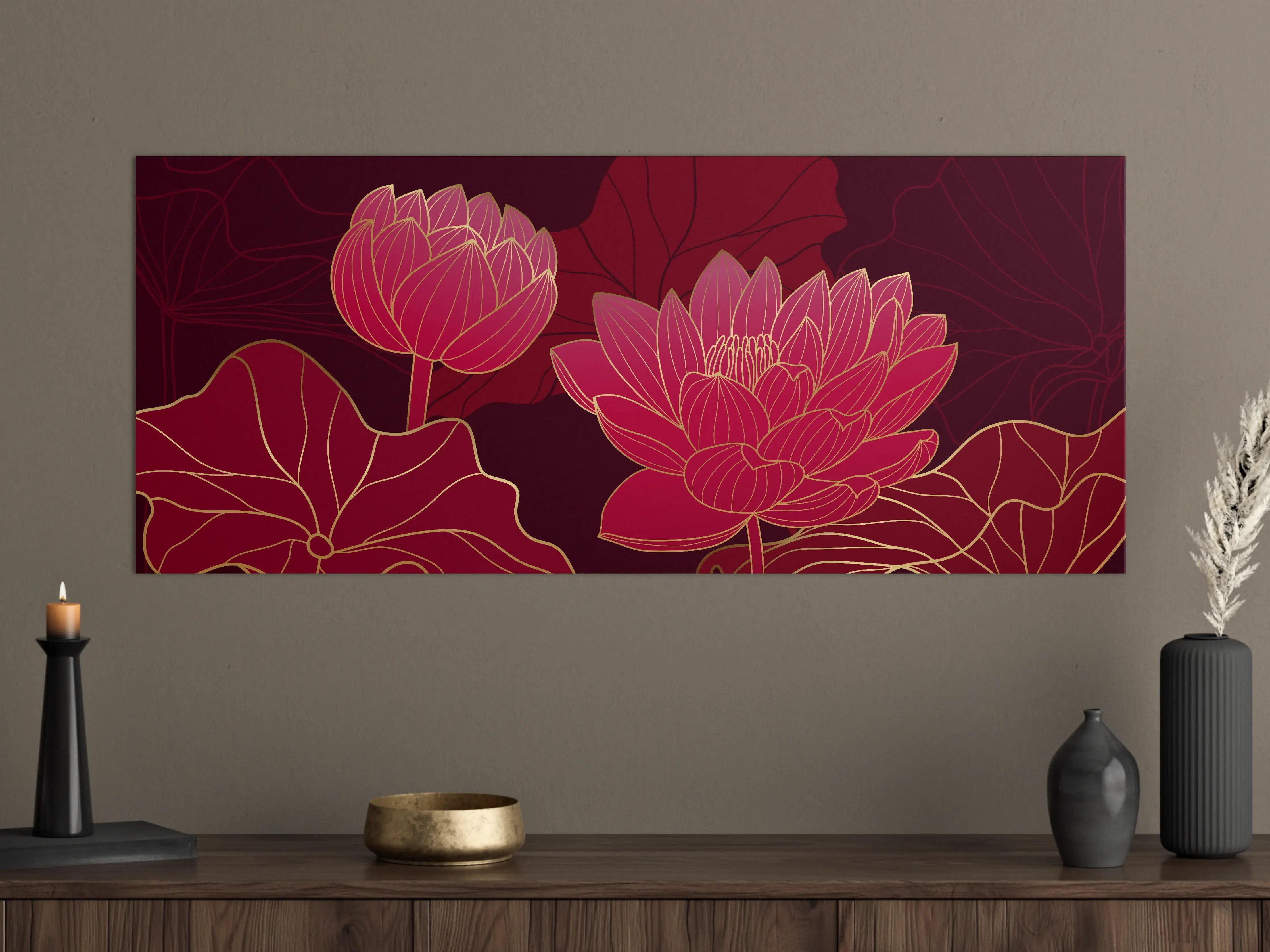 Große Wandbilder - Rote Lotusblüten Lineart Design