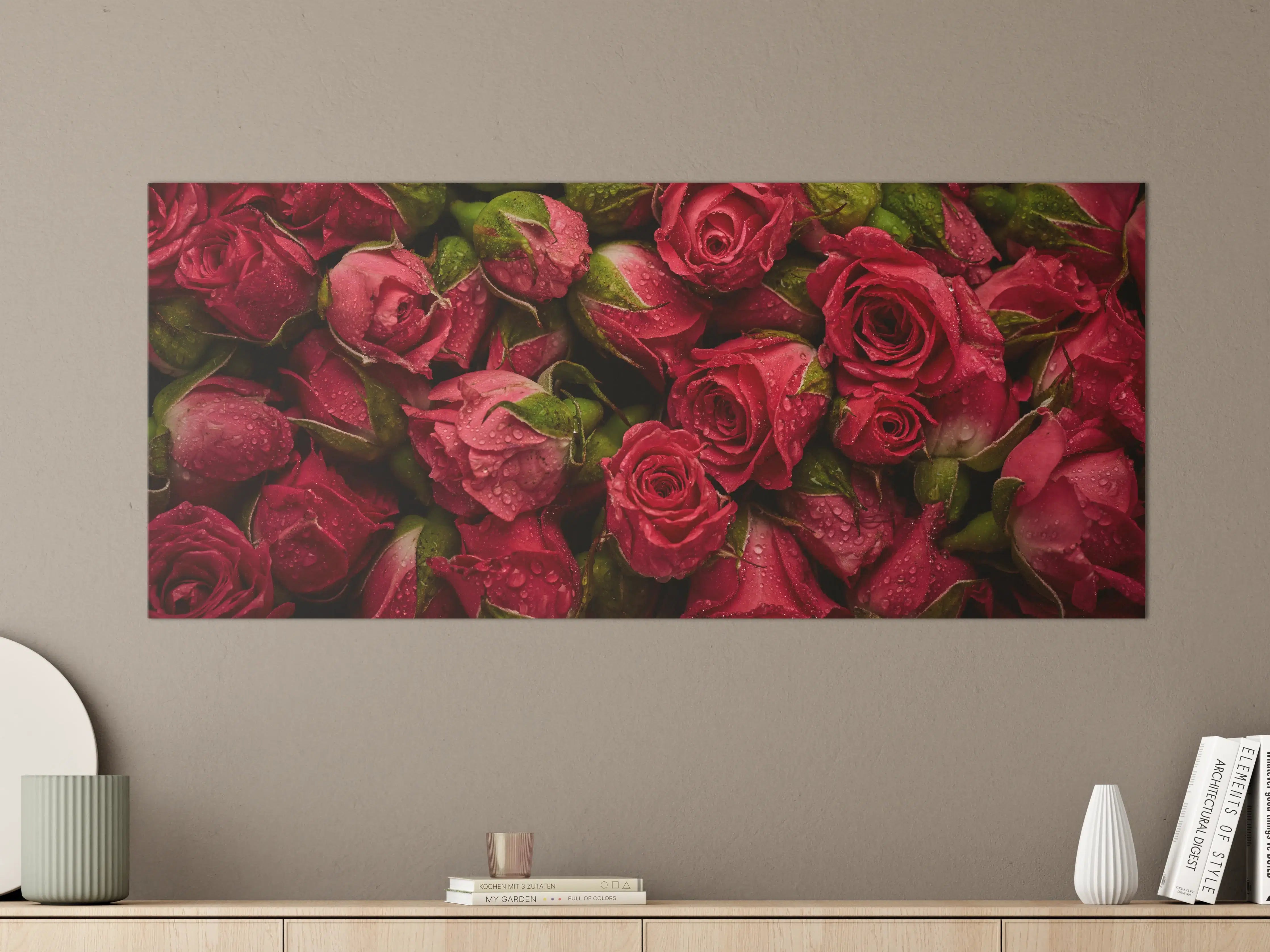 Große Wandbilder - Rote Rosen mit Regentropfen
