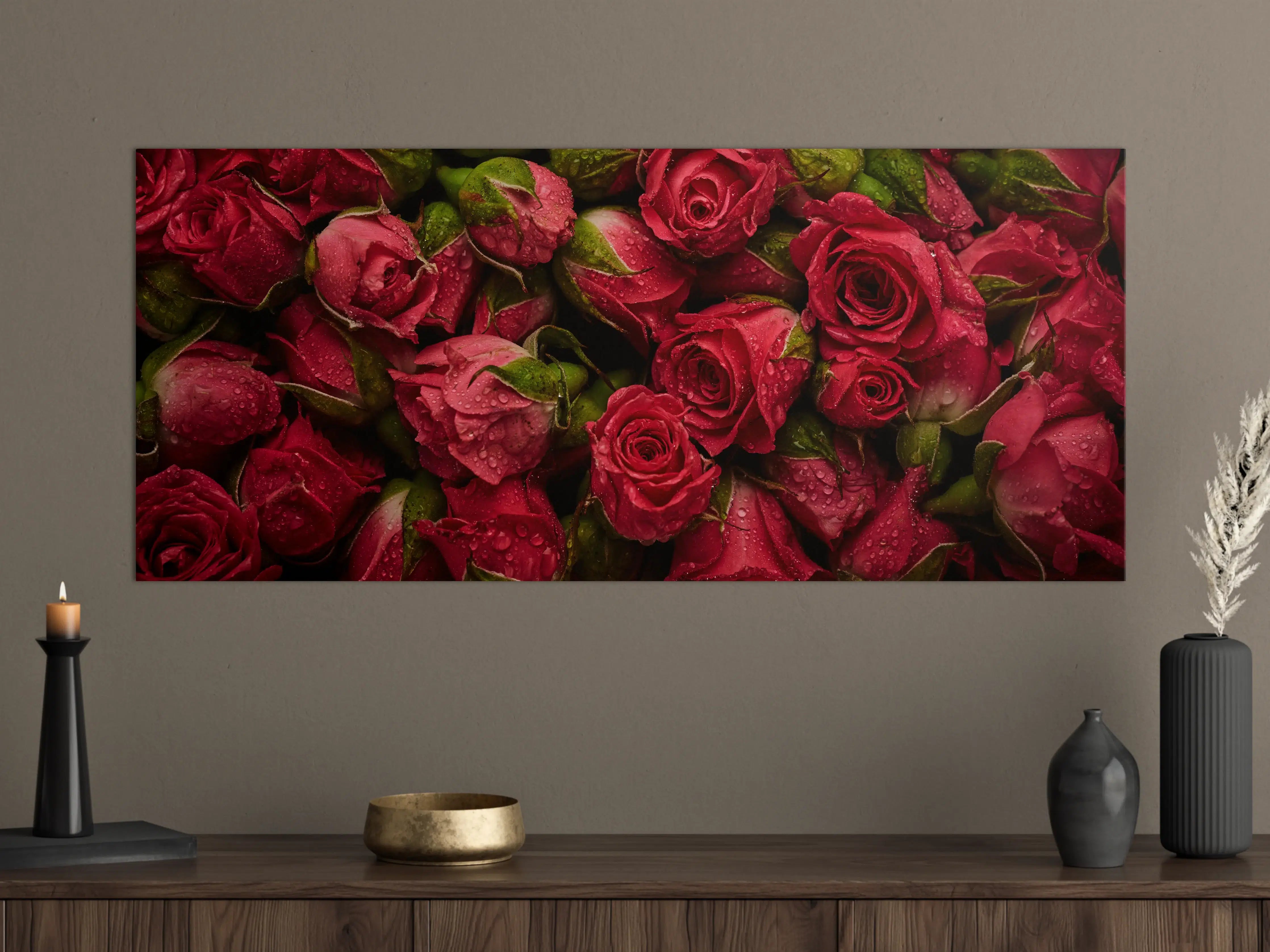 Große Wandbilder - Rote Rosen mit Regentropfen