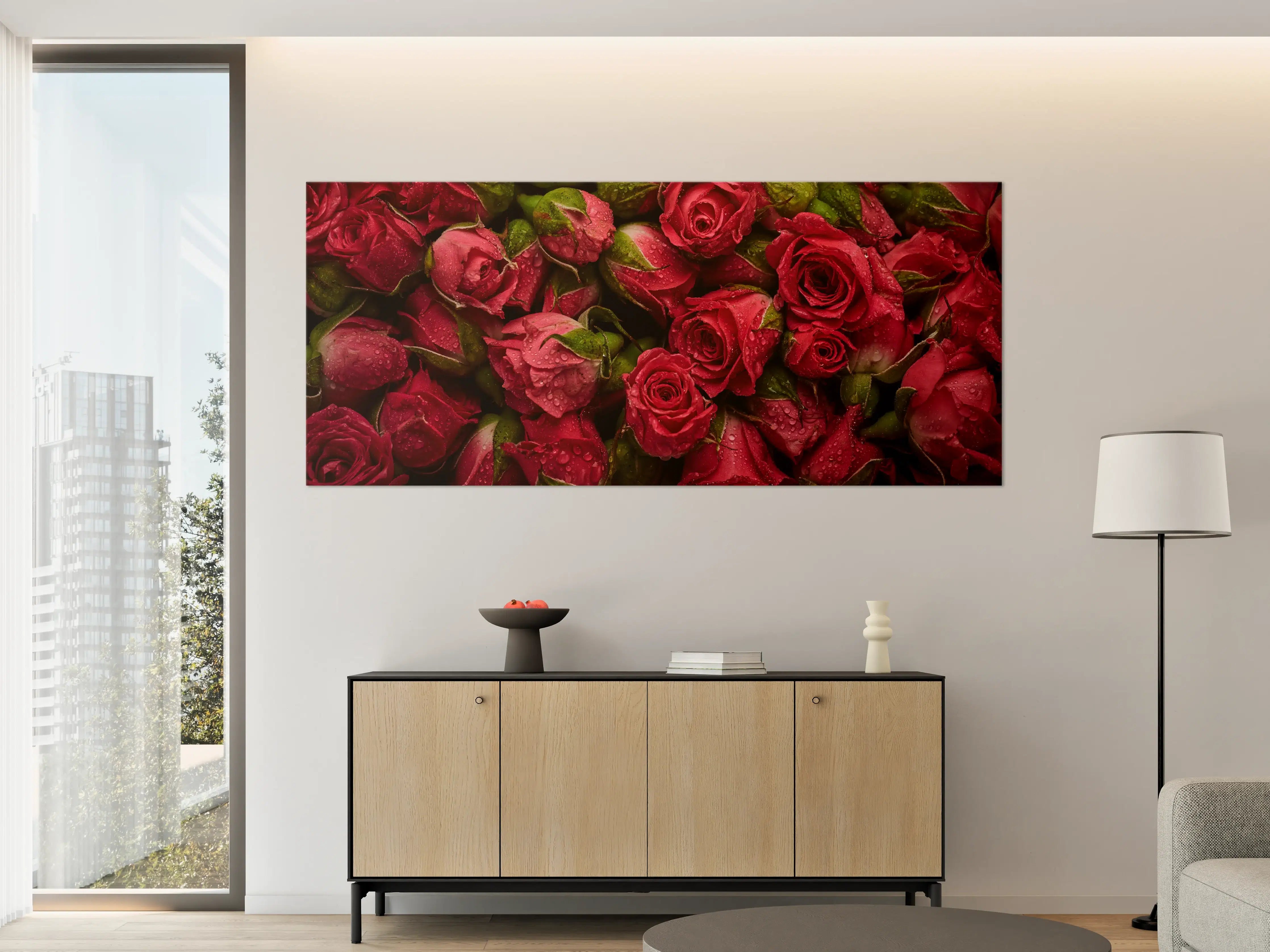 Große Wandbilder - Rote Rosen mit Regentropfen