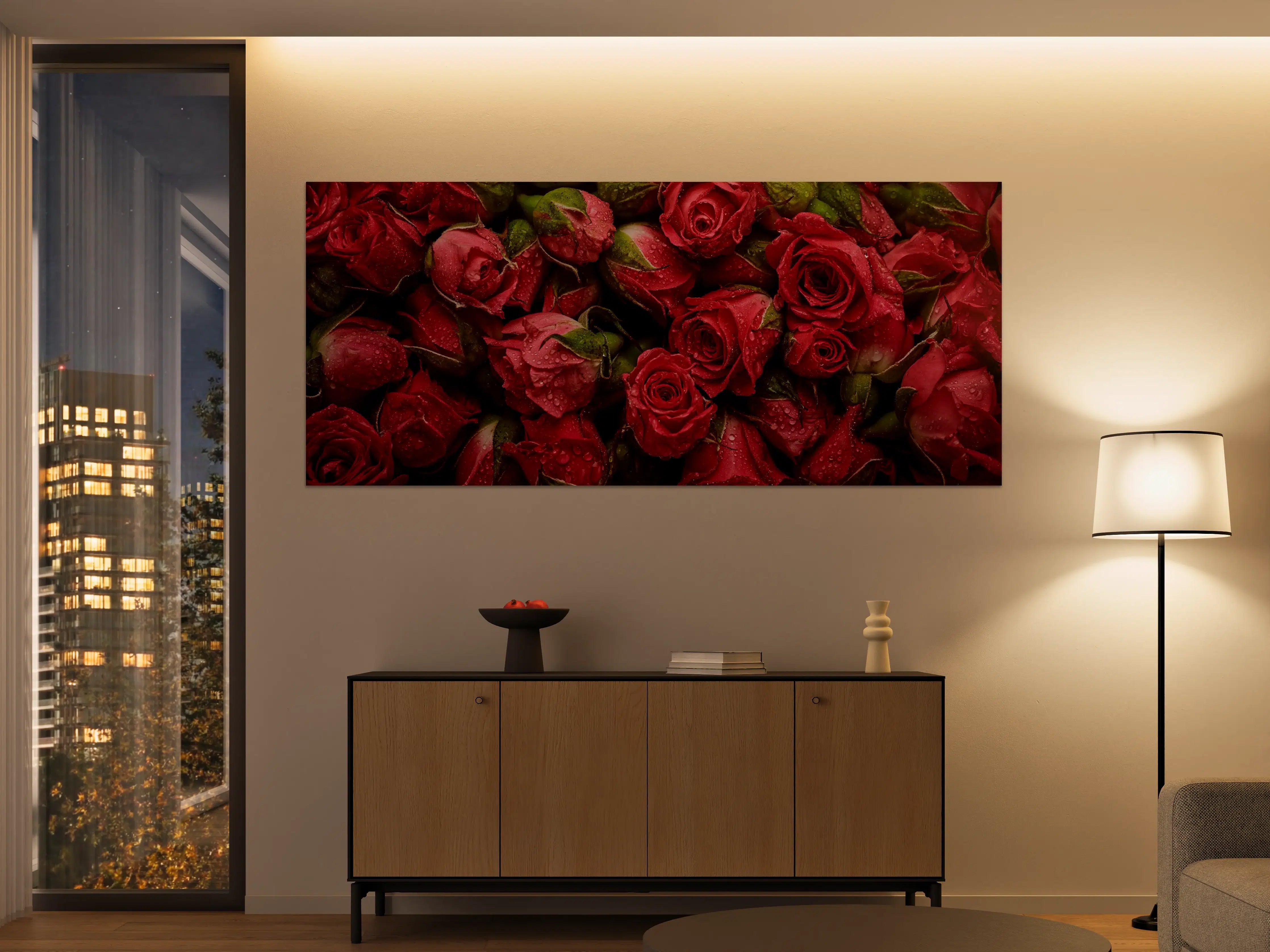 Große Wandbilder - Rote Rosen mit Regentropfen