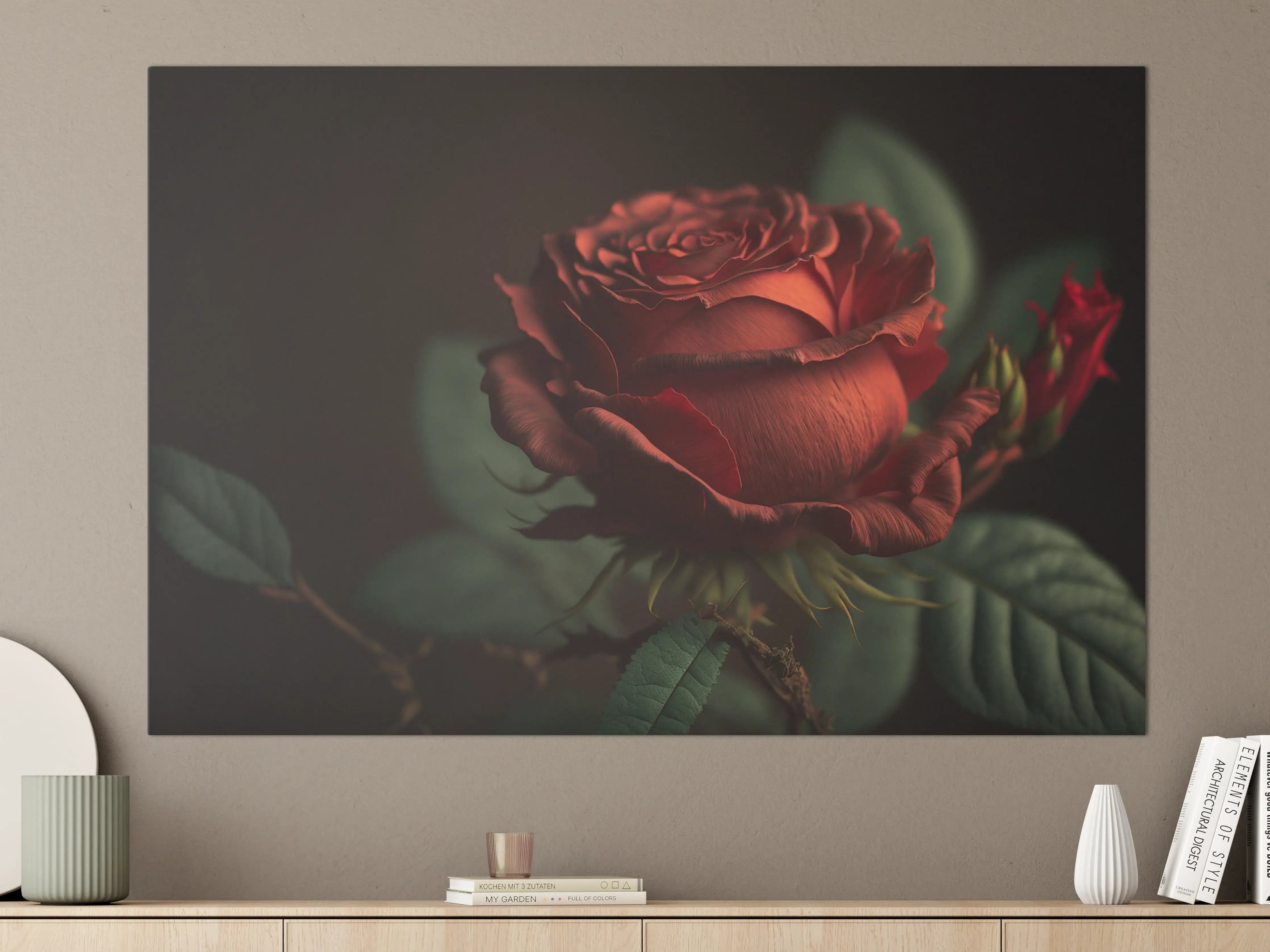 Große Wandbilder - Rote Rosenblüte auf dunklem Hintergrund