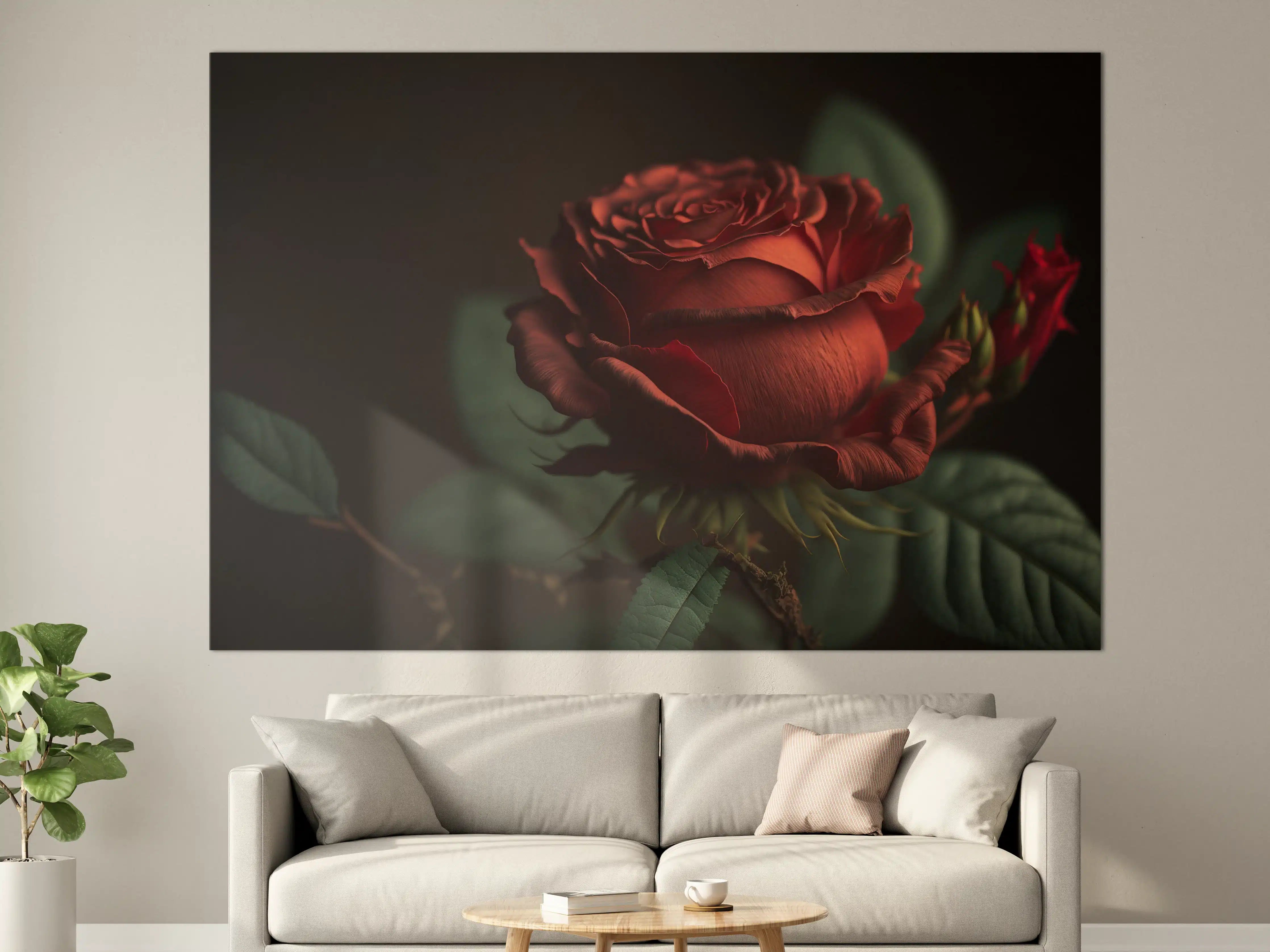 Große Wandbilder - Rote Rosenblüte auf dunklem Hintergrund