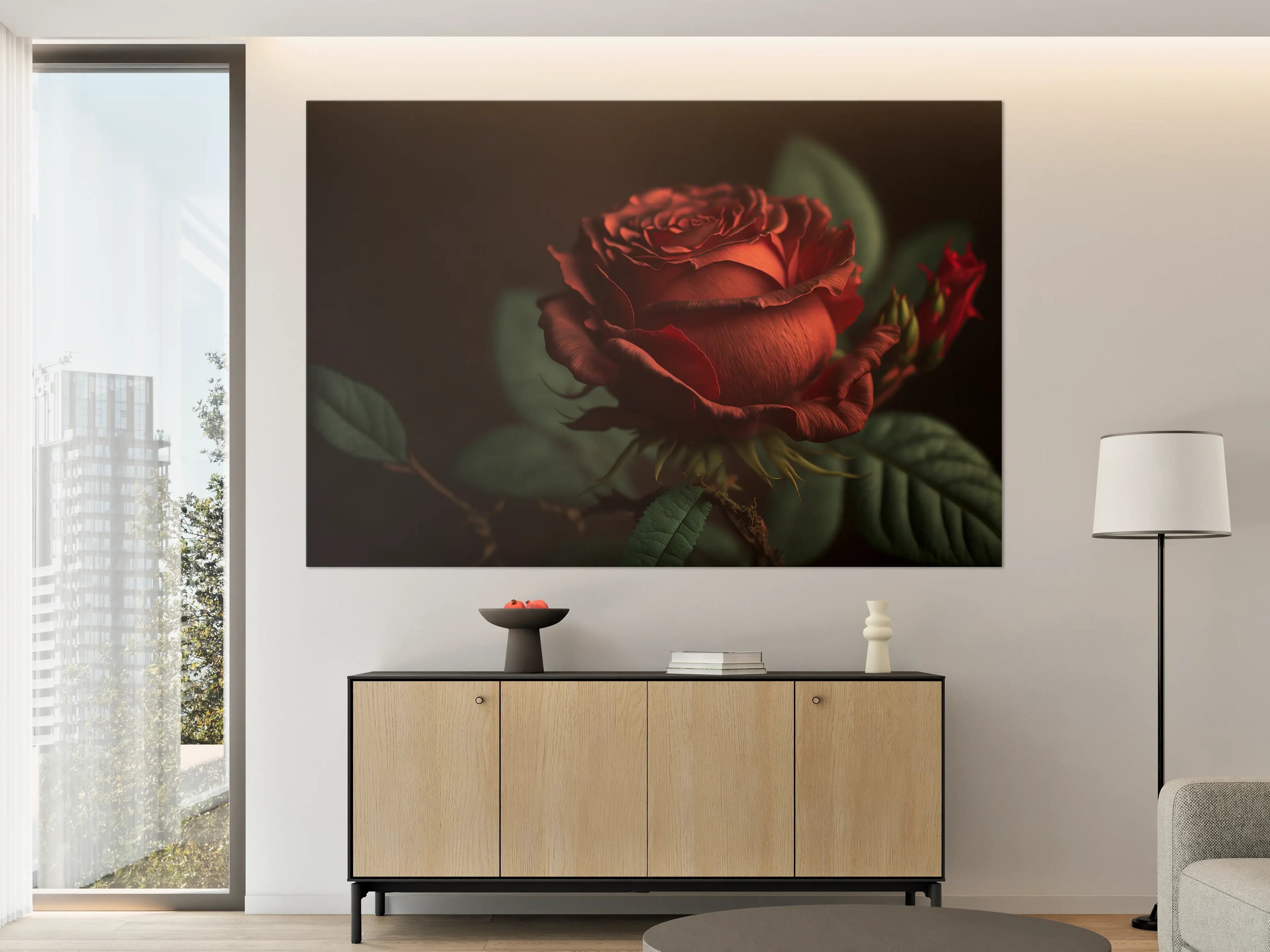 Große Wandbilder - Rote Rosenblüte auf dunklem Hintergrund