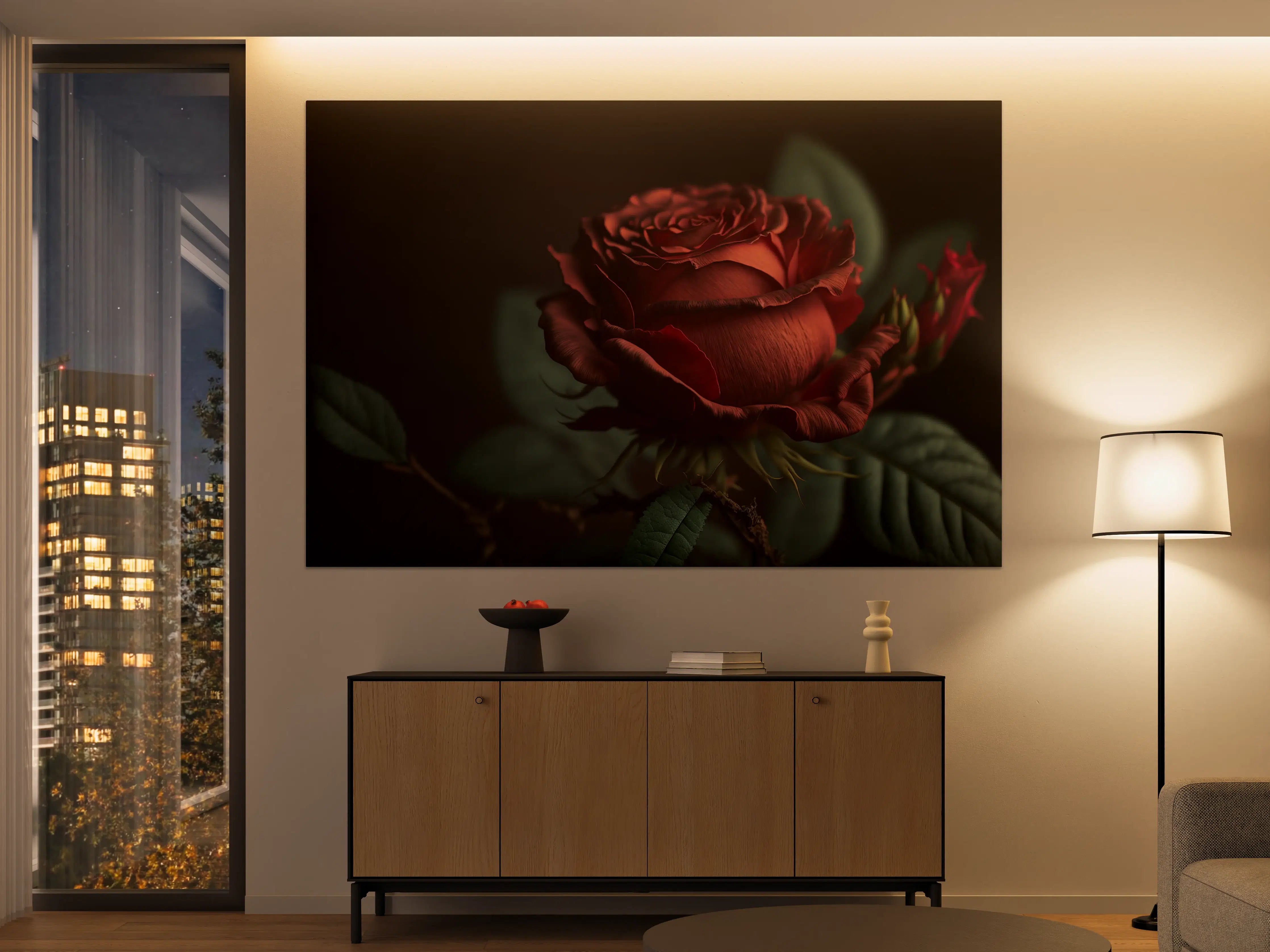 Große Wandbilder - Rote Rosenblüte auf dunklem Hintergrund