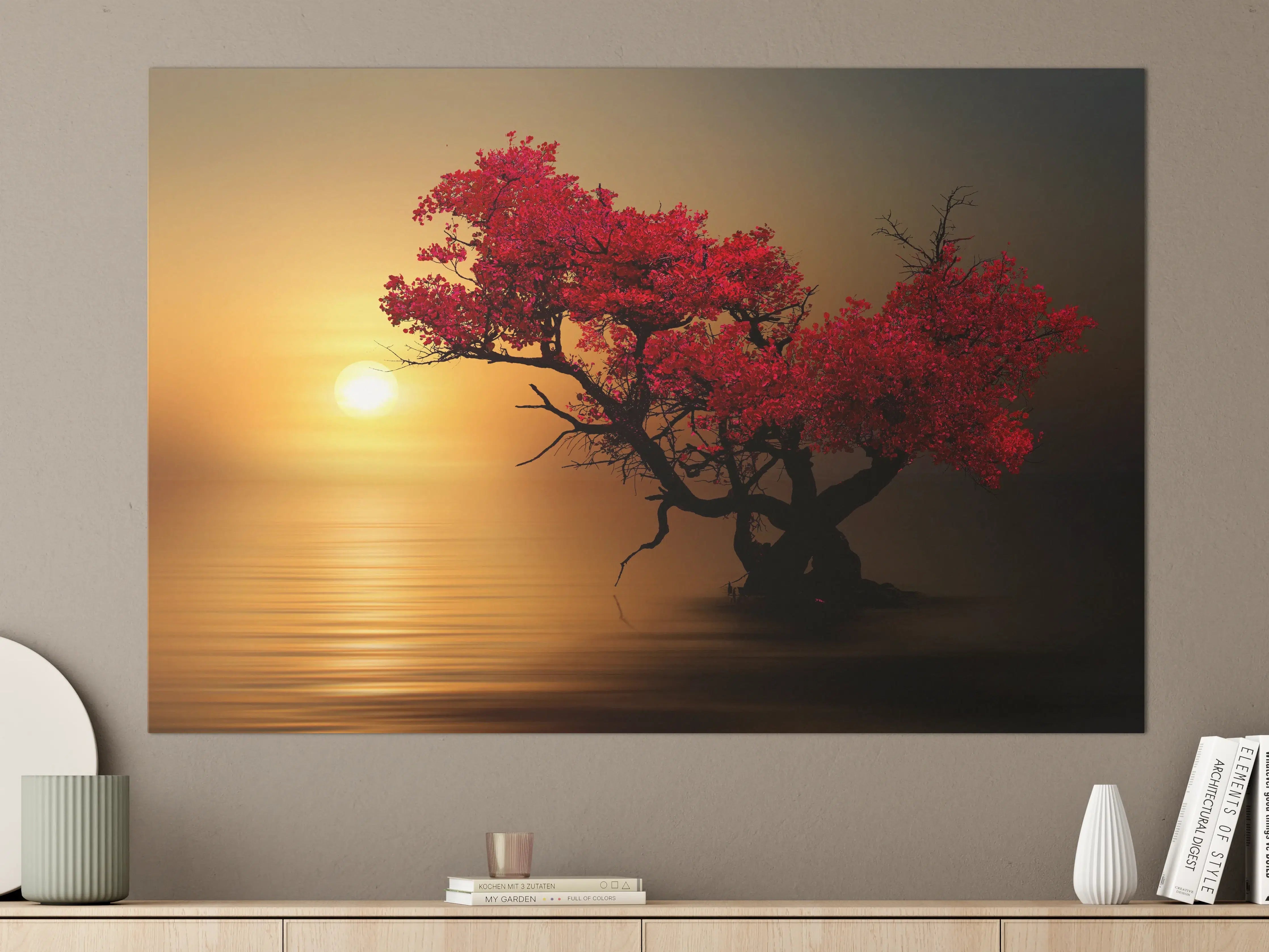 Große Wandbilder - Roter Bonsai-Baum bei Sonnenuntergang