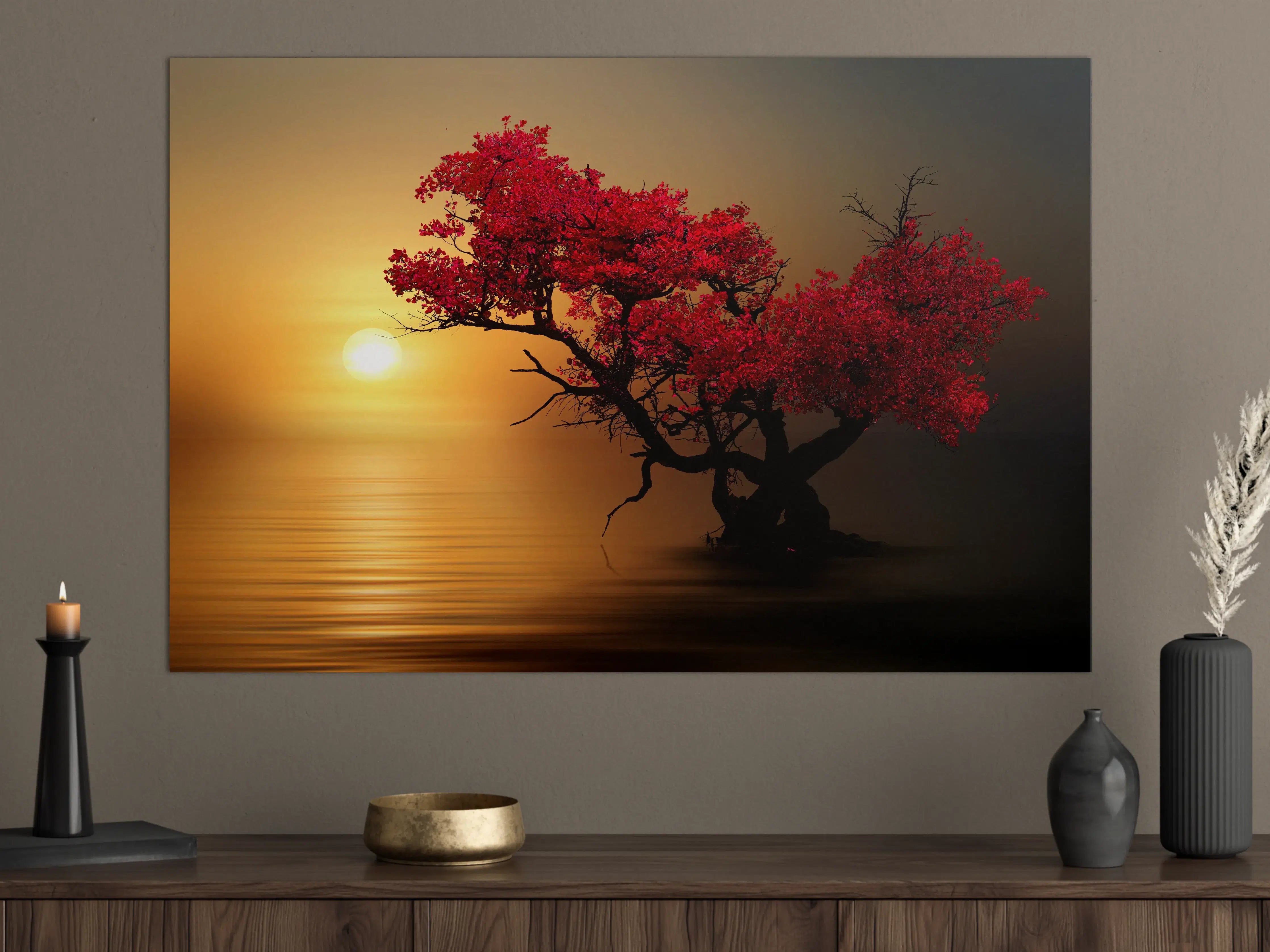 Große Wandbilder - Roter Bonsai-Baum bei Sonnenuntergang
