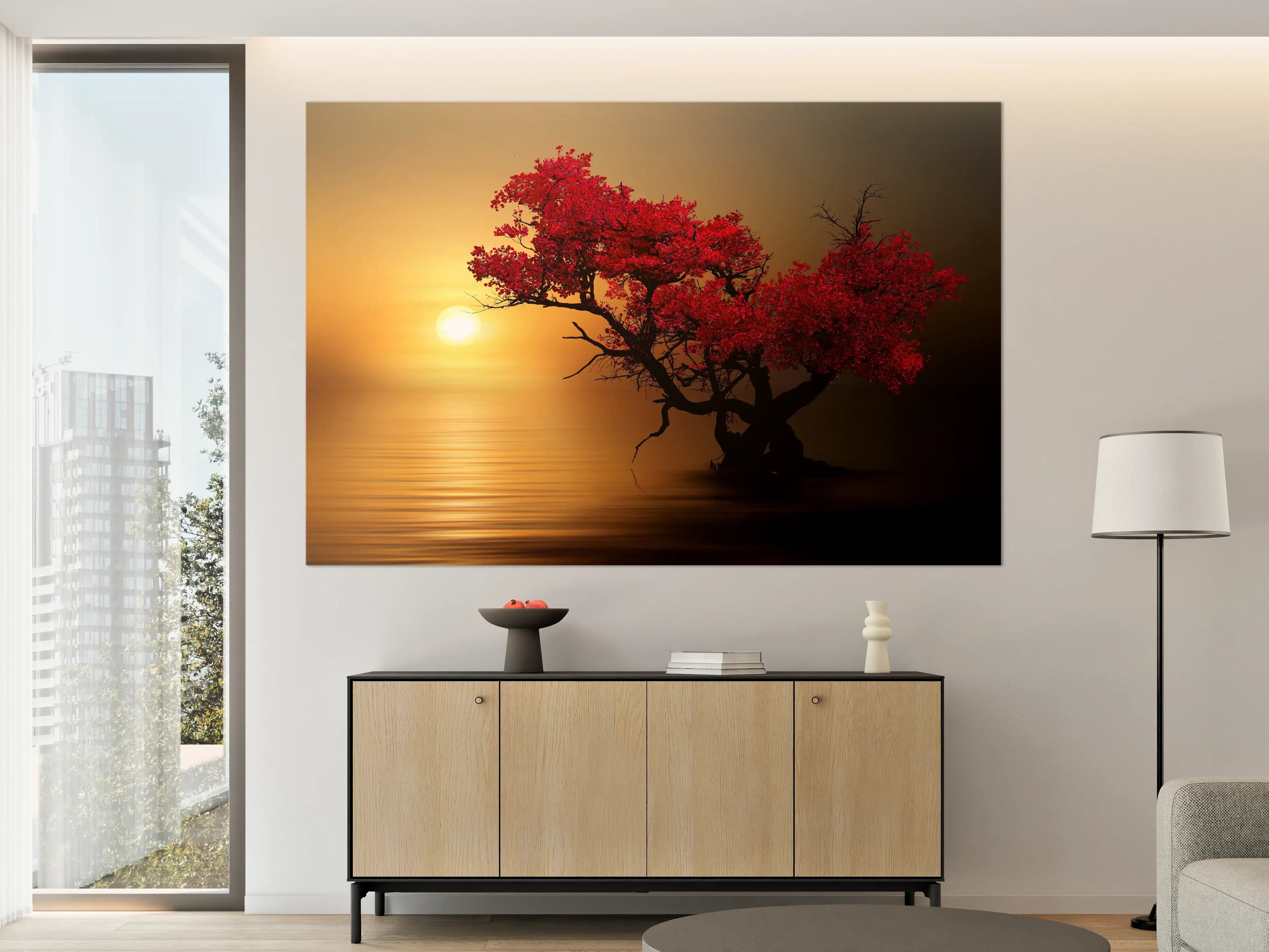 Große Wandbilder - Roter Bonsai-Baum bei Sonnenuntergang