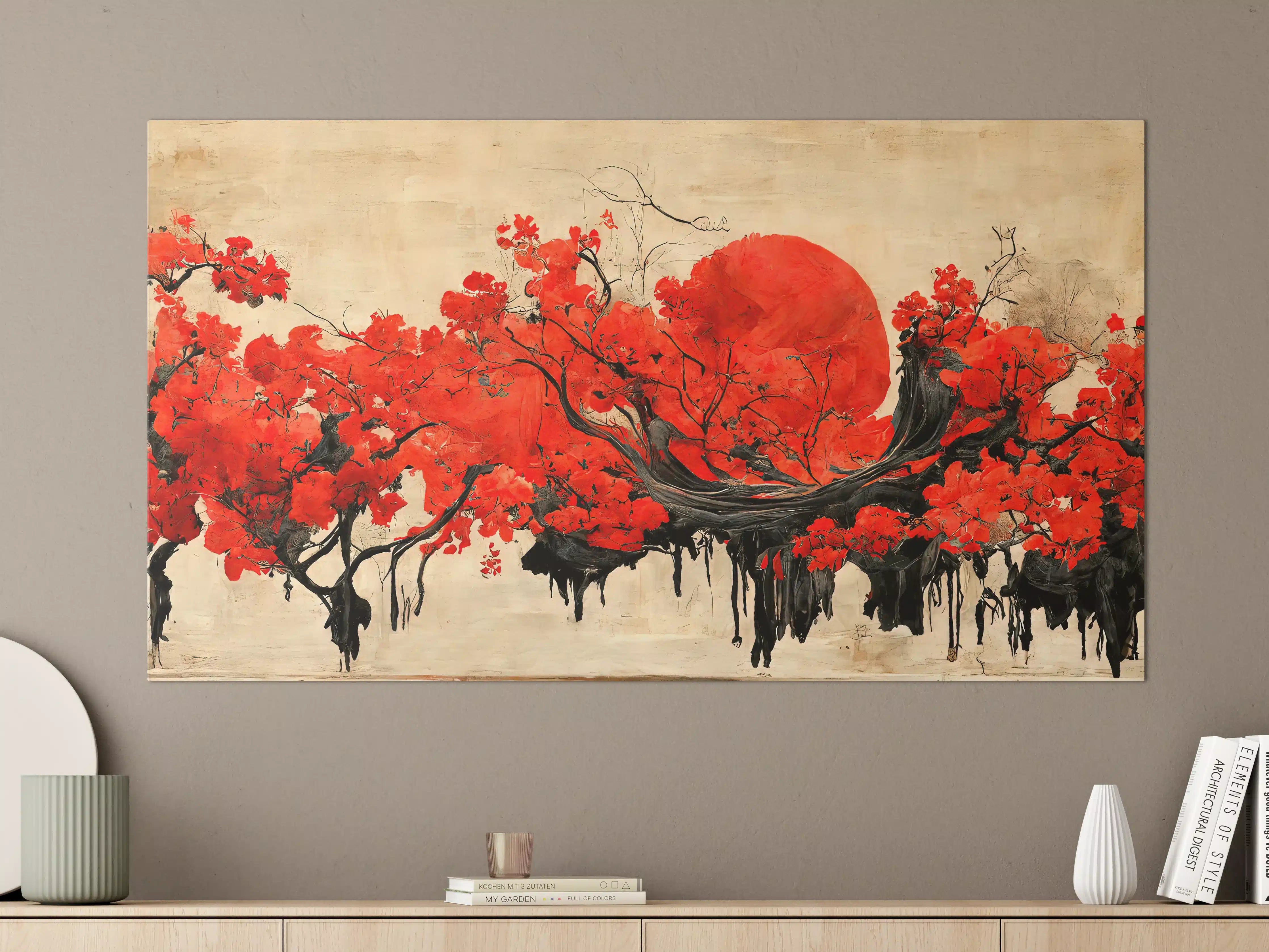 Große Wandbilder - Roter Sonnenuntergang über blühendem Baum