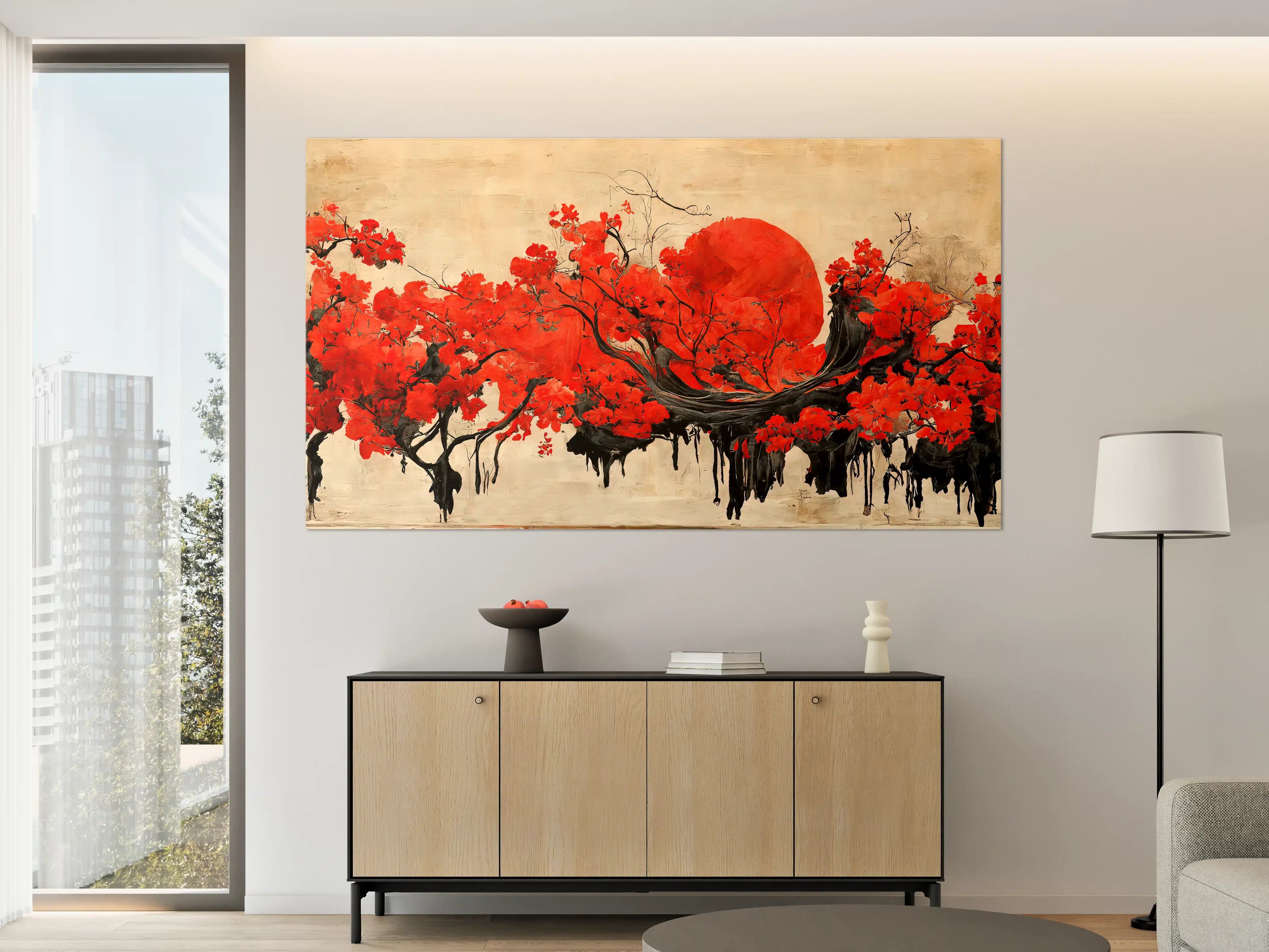 Große Wandbilder - Roter Sonnenuntergang über blühendem Baum