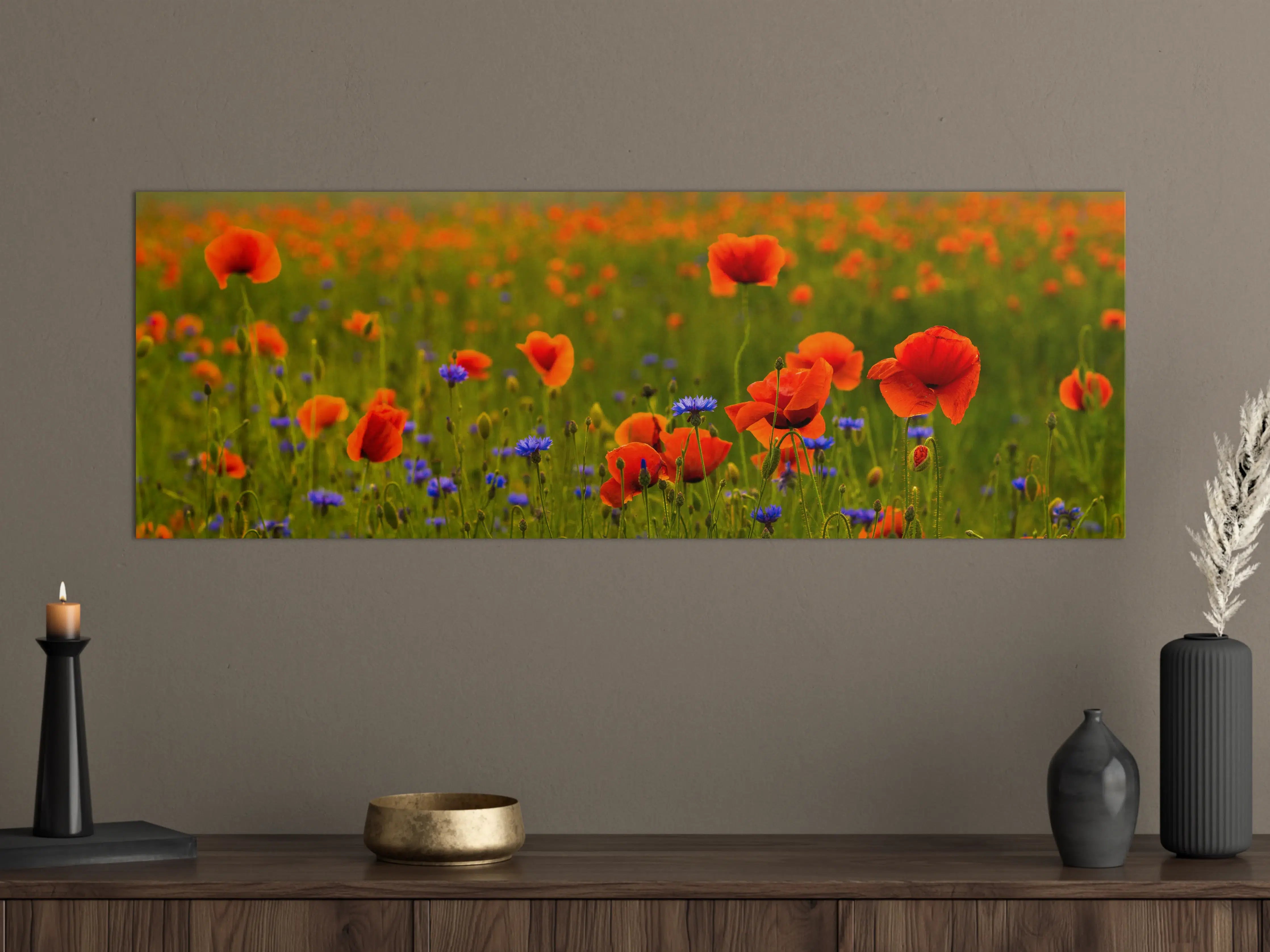 Große Wandbilder - Rotes Mohnfeld mit Kornblumen