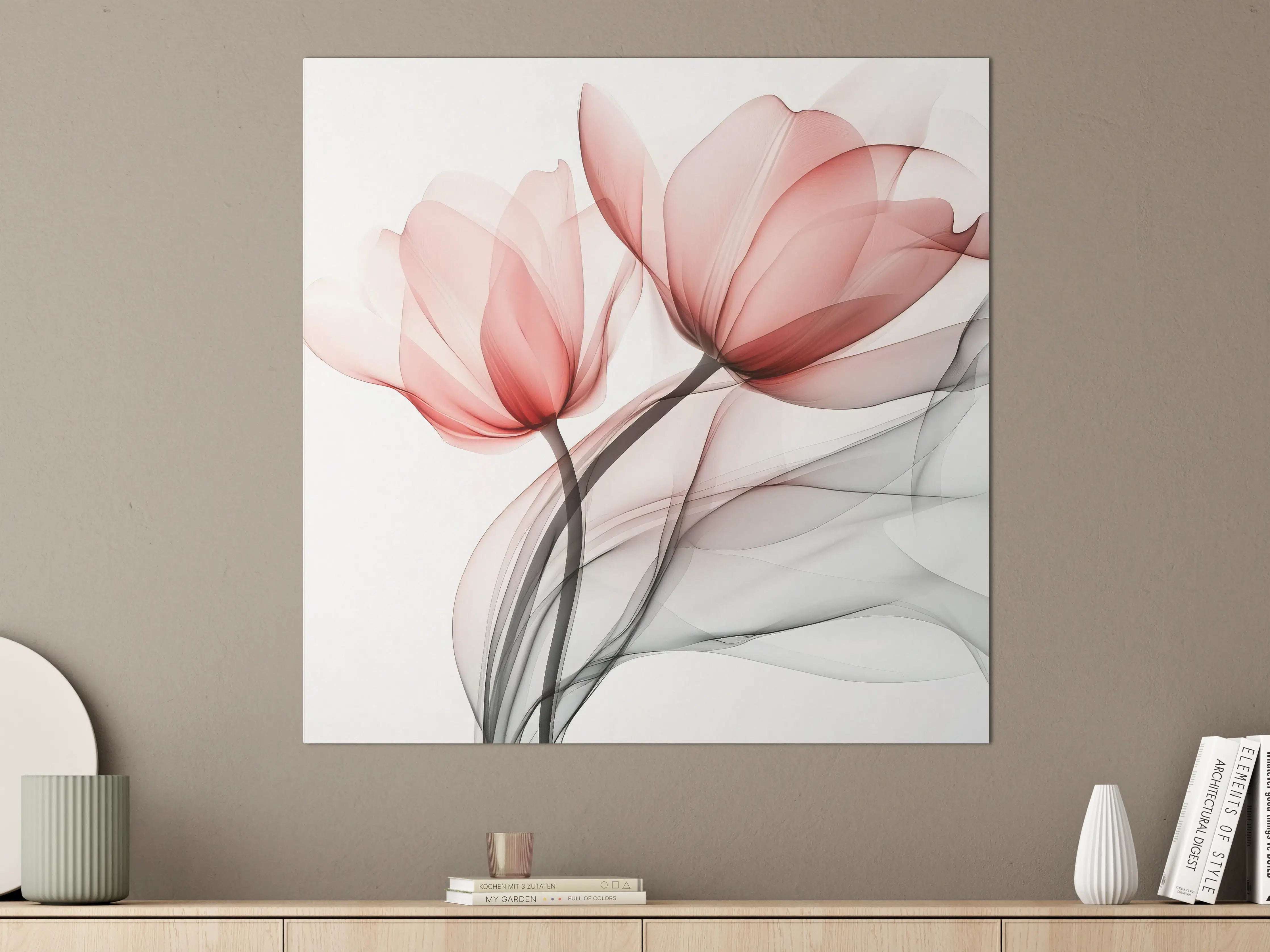 Große Wandbilder - Sanfte Blüten in Rot und Grau