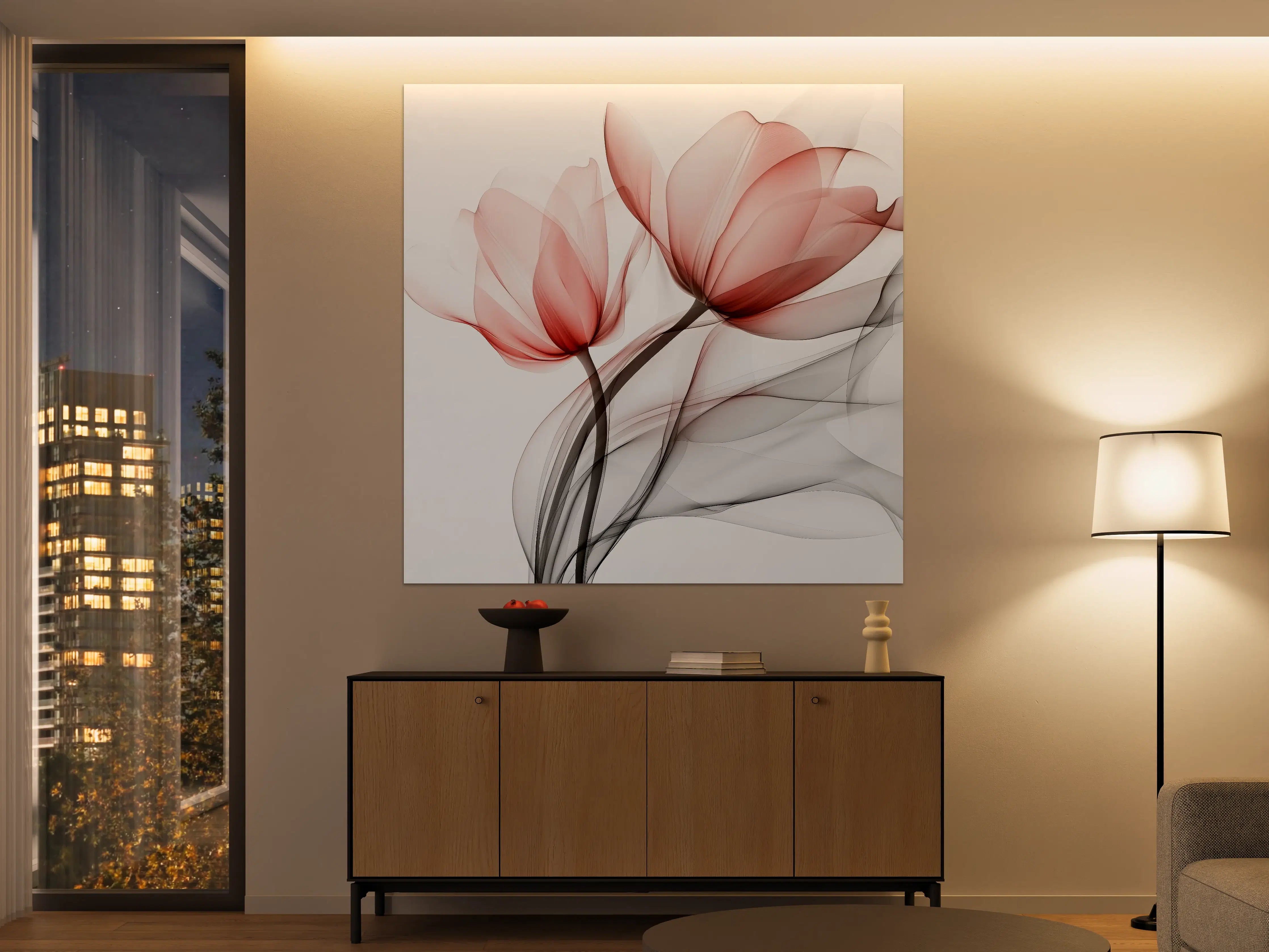 Große Wandbilder - Sanfte Blüten in Rot und Grau