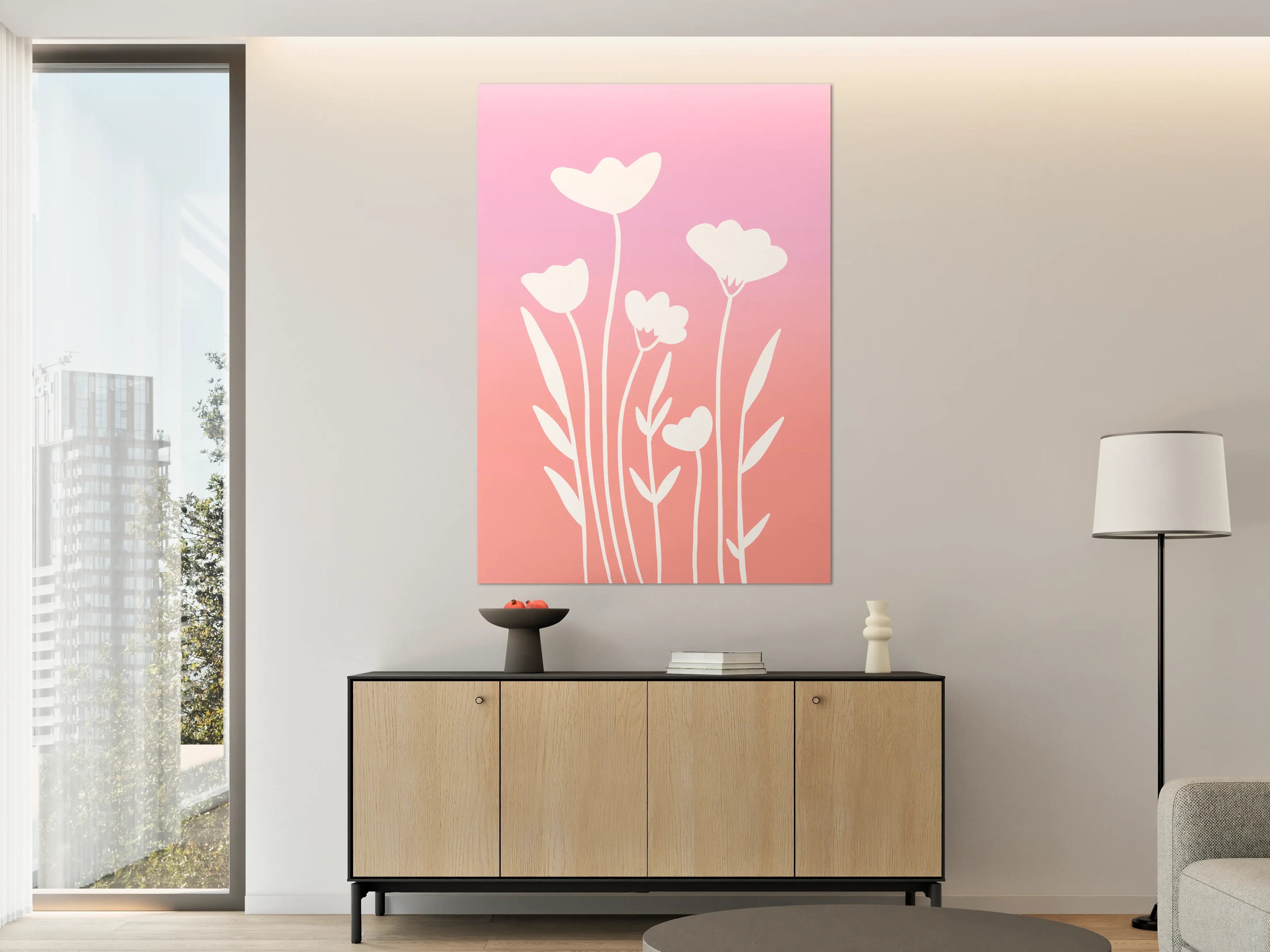 Große Wandbilder - Sanfte Blumen im Pink-Grau-Hintergrund