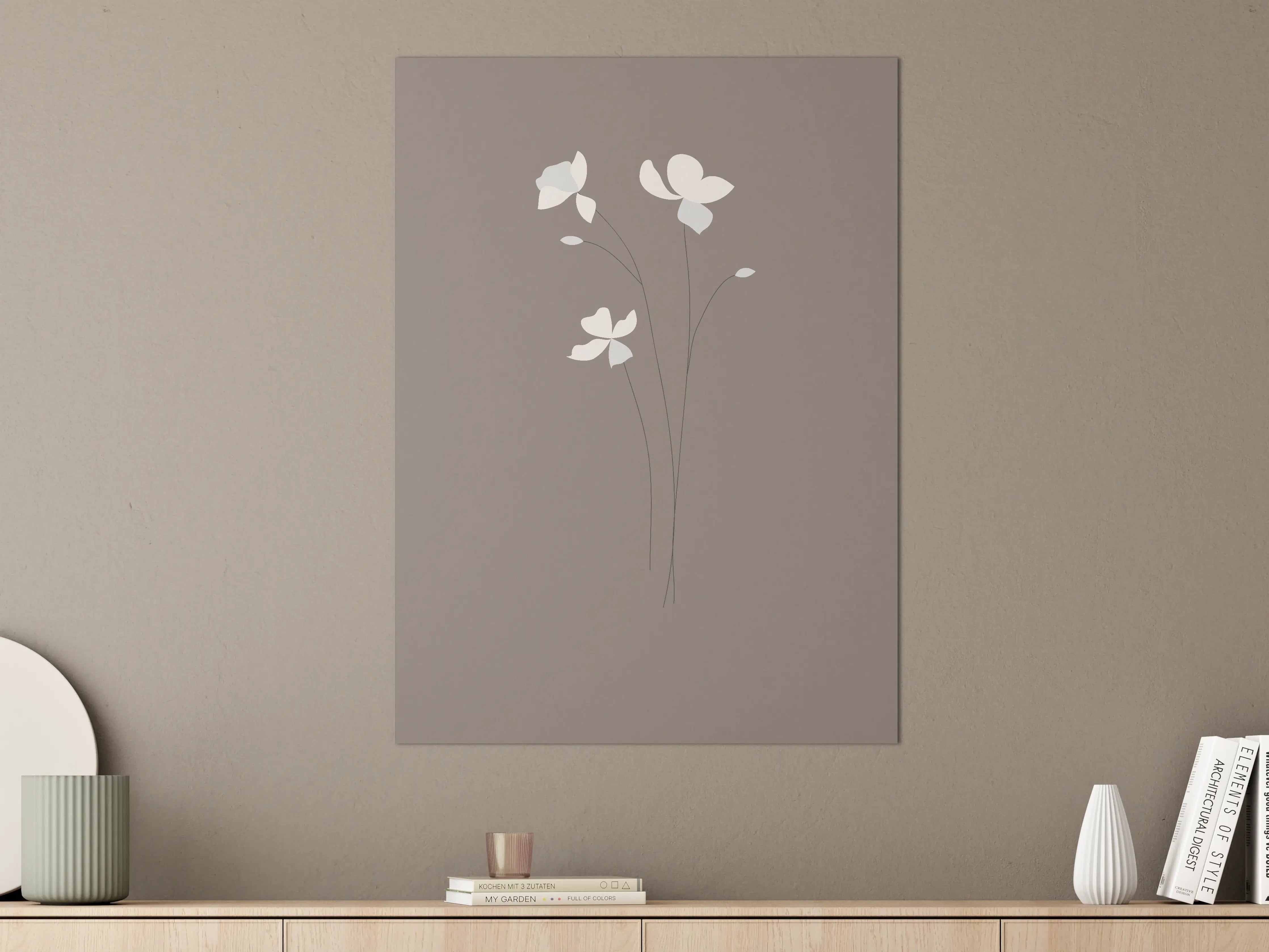 Große Wandbilder - Sanfte Blumenillustration auf taupefarbenem Hintergrund