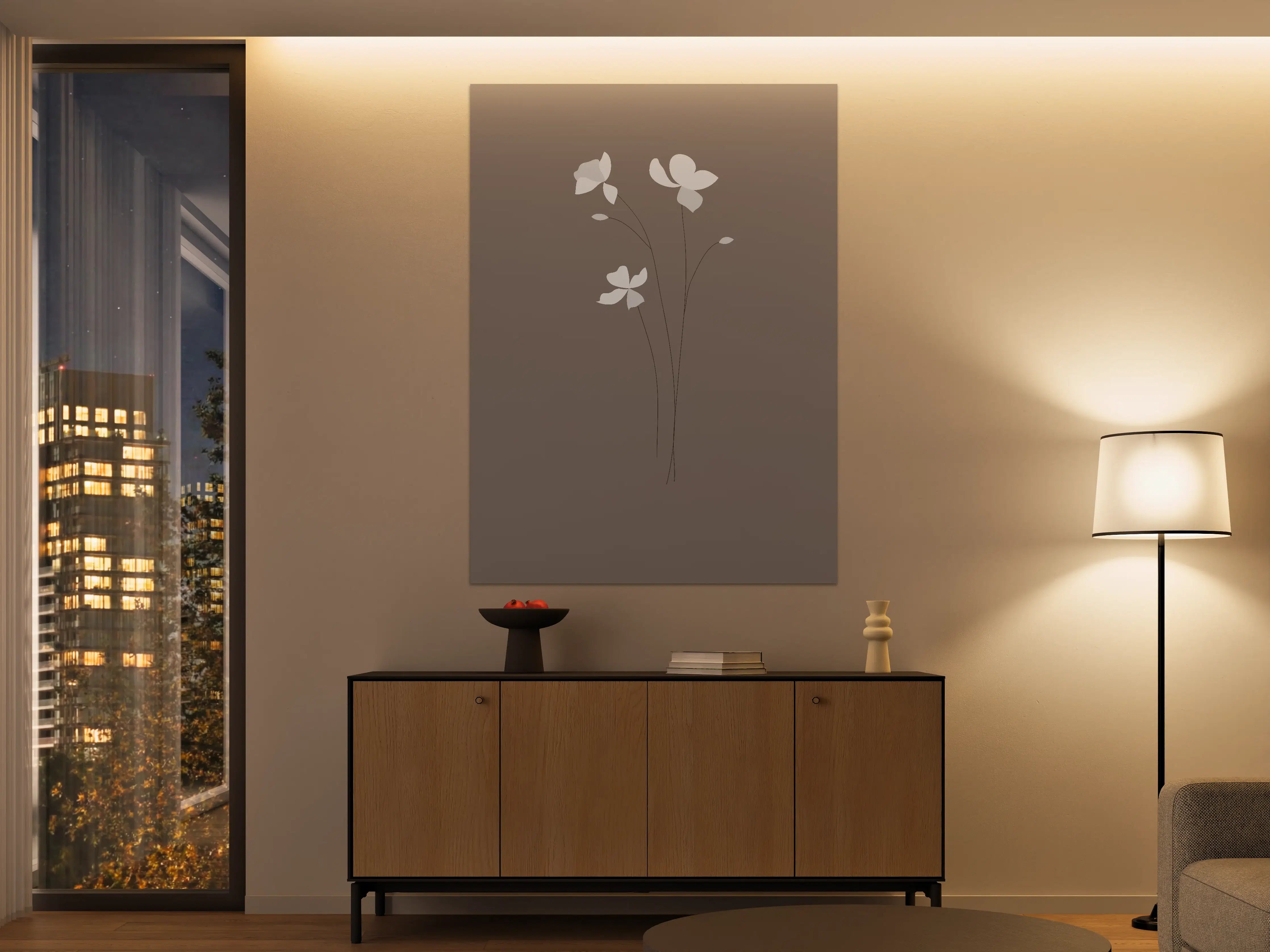 Große Wandbilder - Sanfte Blumenillustration auf taupefarbenem Hintergrund