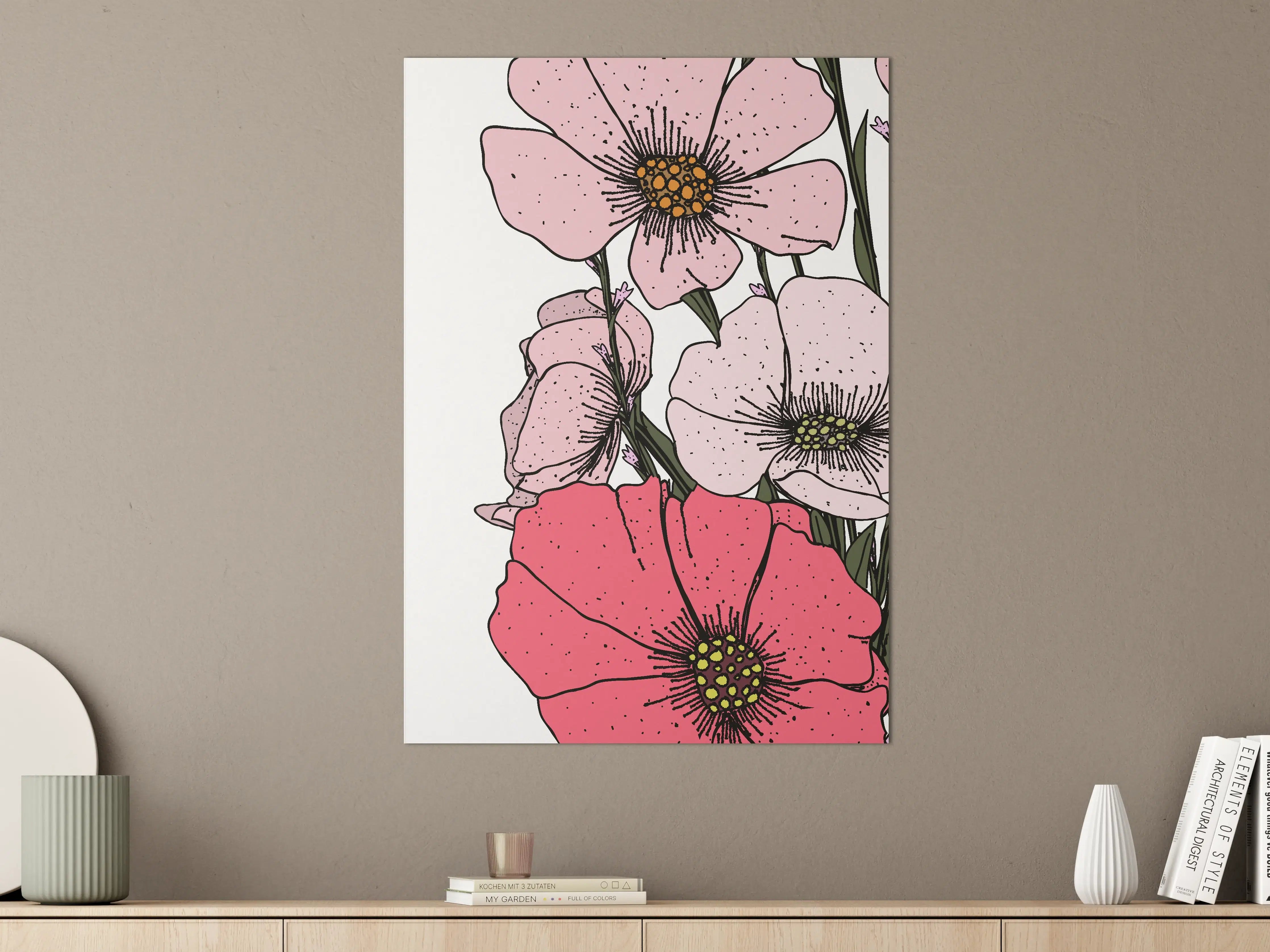 Große Wandbilder - Sanfte Blumenillustration in Pink und Grün